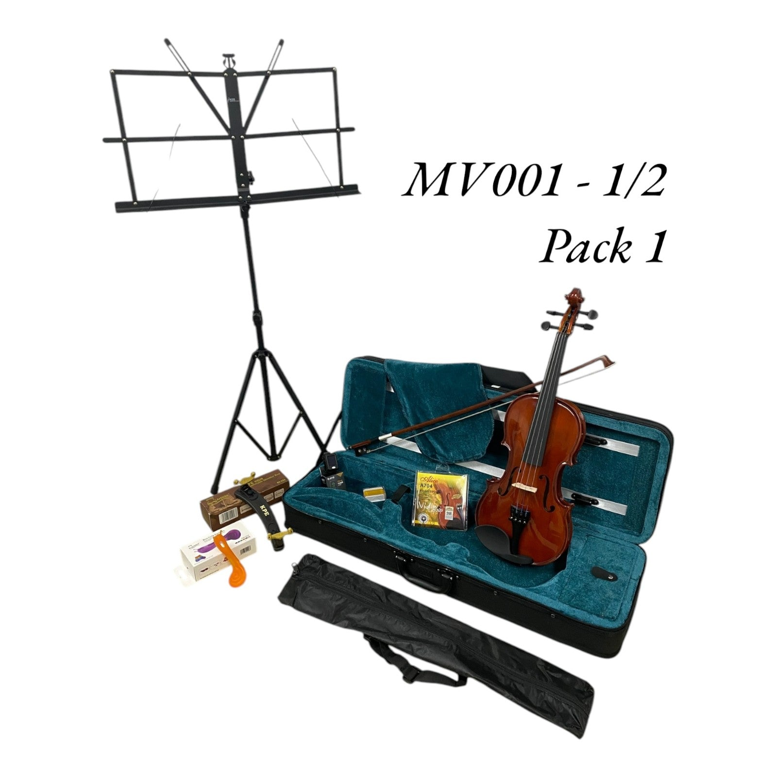 Caraya MV001 Solid Spruce Top 4/4 to 1/16 Size Violin Outfit in Natural Gloss - Student Bundle (MV001PK1)