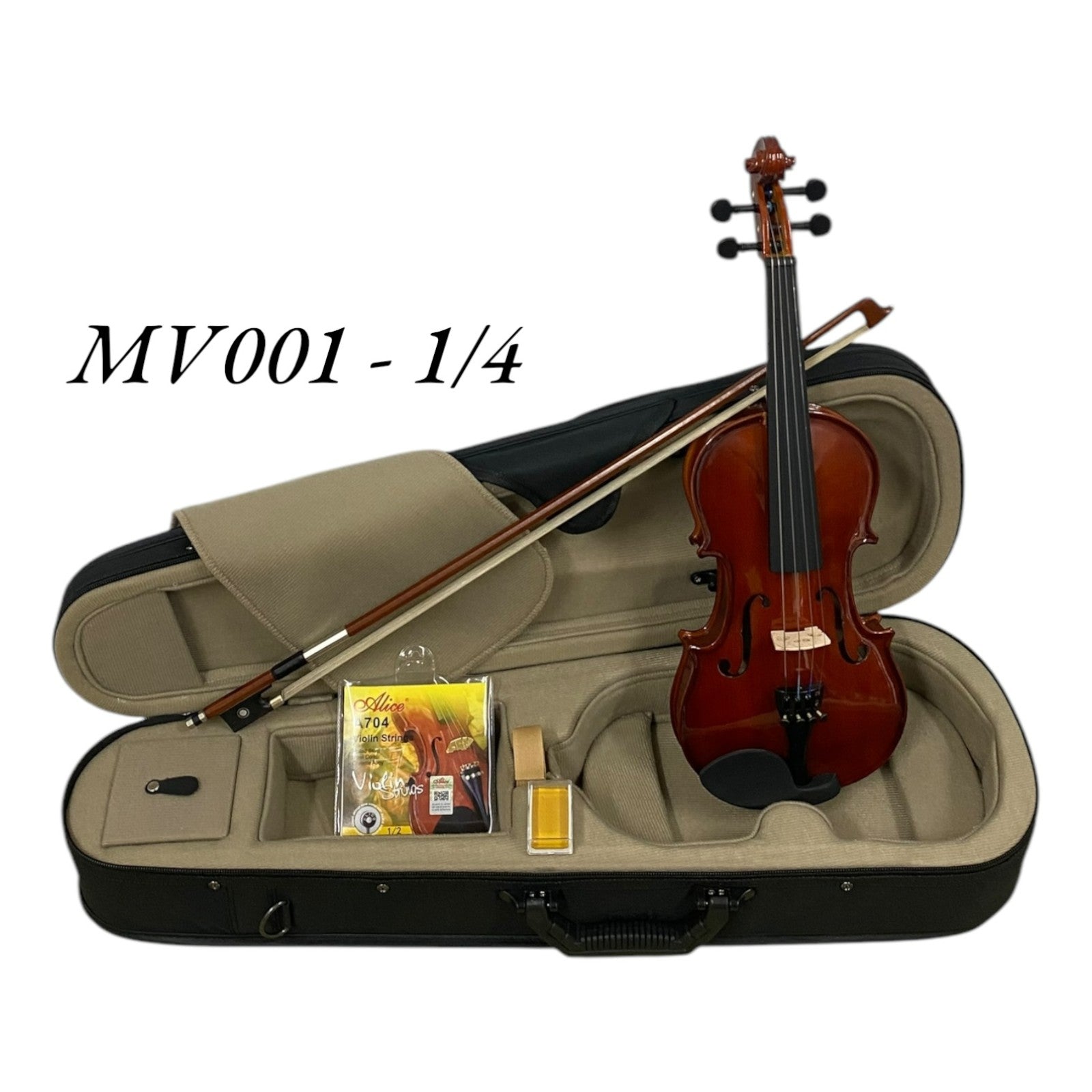 Caraya MV001 Solid Spruce Top 4/4 to 1/16 Size Violin Outfit in Natural Gloss w/ Foam Case, Bow, and Rosin