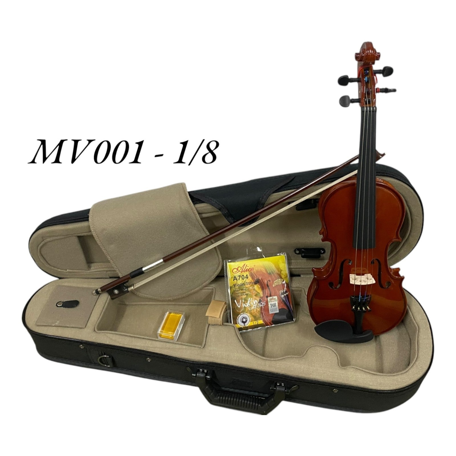 Caraya MV001 Solid Spruce Top 4/4 to 1/16 Size Violin Outfit in Natural Gloss w/ Foam Case, Bow, and Rosin