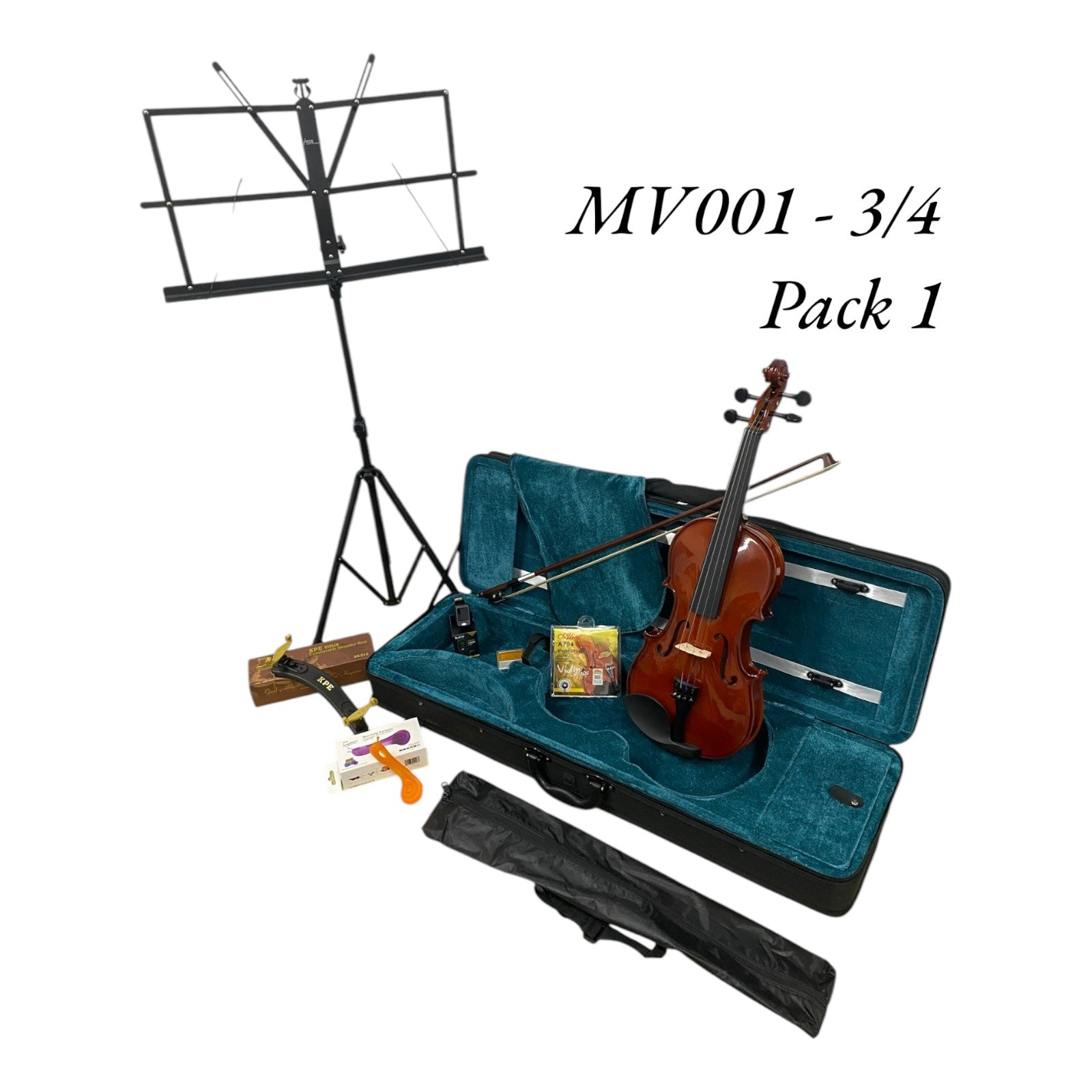 Caraya MV001 Solid Spruce Top 4/4 to 1/16 Size Violin Outfit in Natural Gloss - Student Bundle (MV001PK1)