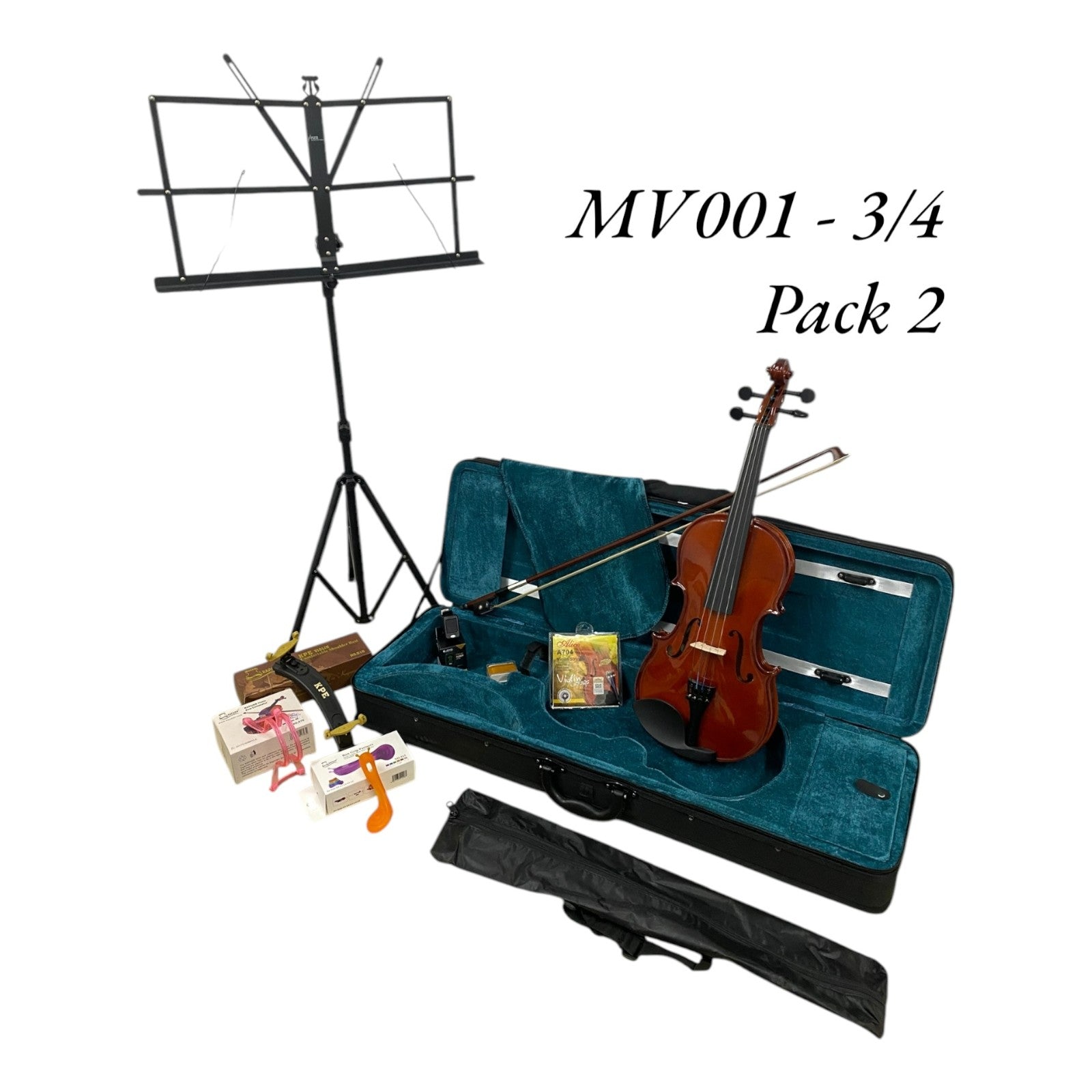 Caraya MV001 Solid Spruce Top 4/4 to 1/16 Size Violin Outfit in Natural Gloss - Beginner Bundle (MV001PK2)