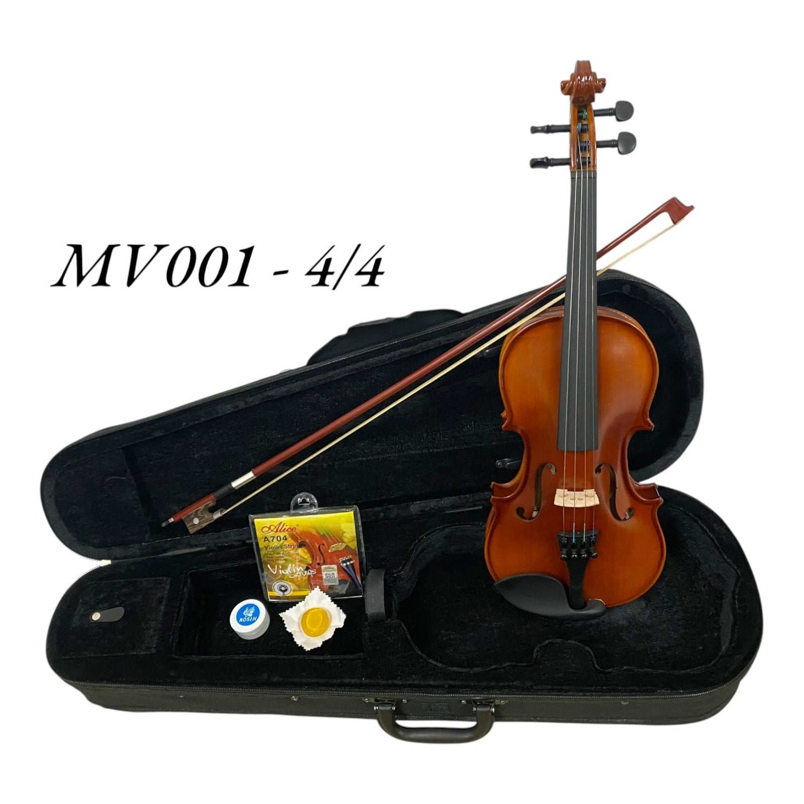 Caraya MV001 Solid Spruce Top 4/4 to 1/16 Size Violin Outfit in Natural Gloss w/ Foam Case, Bow, and Rosin