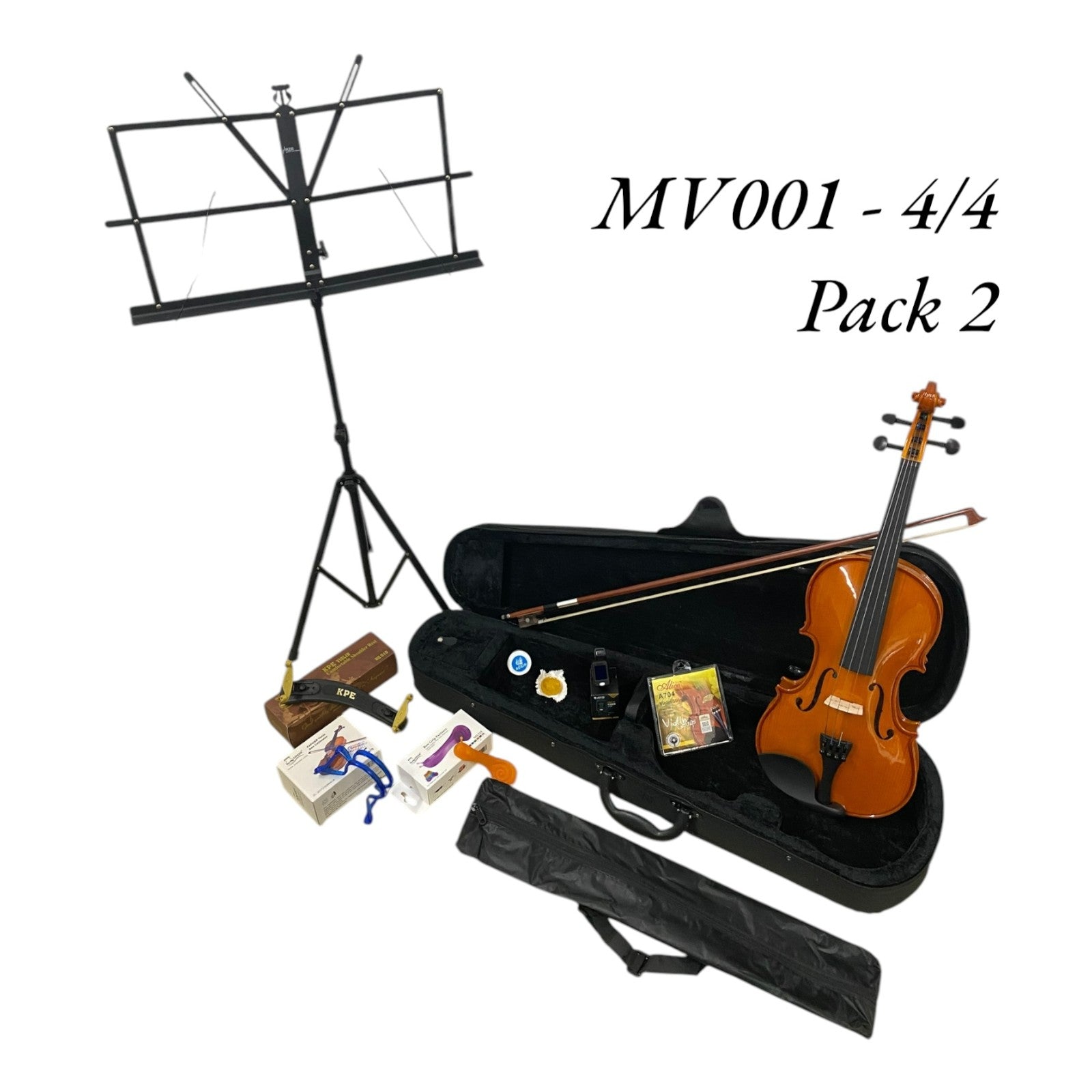 Caraya MV001 Solid Spruce Top 4/4 to 1/16 Size Violin Outfit in Natural Gloss - Beginner Bundle (MV001PK2)
