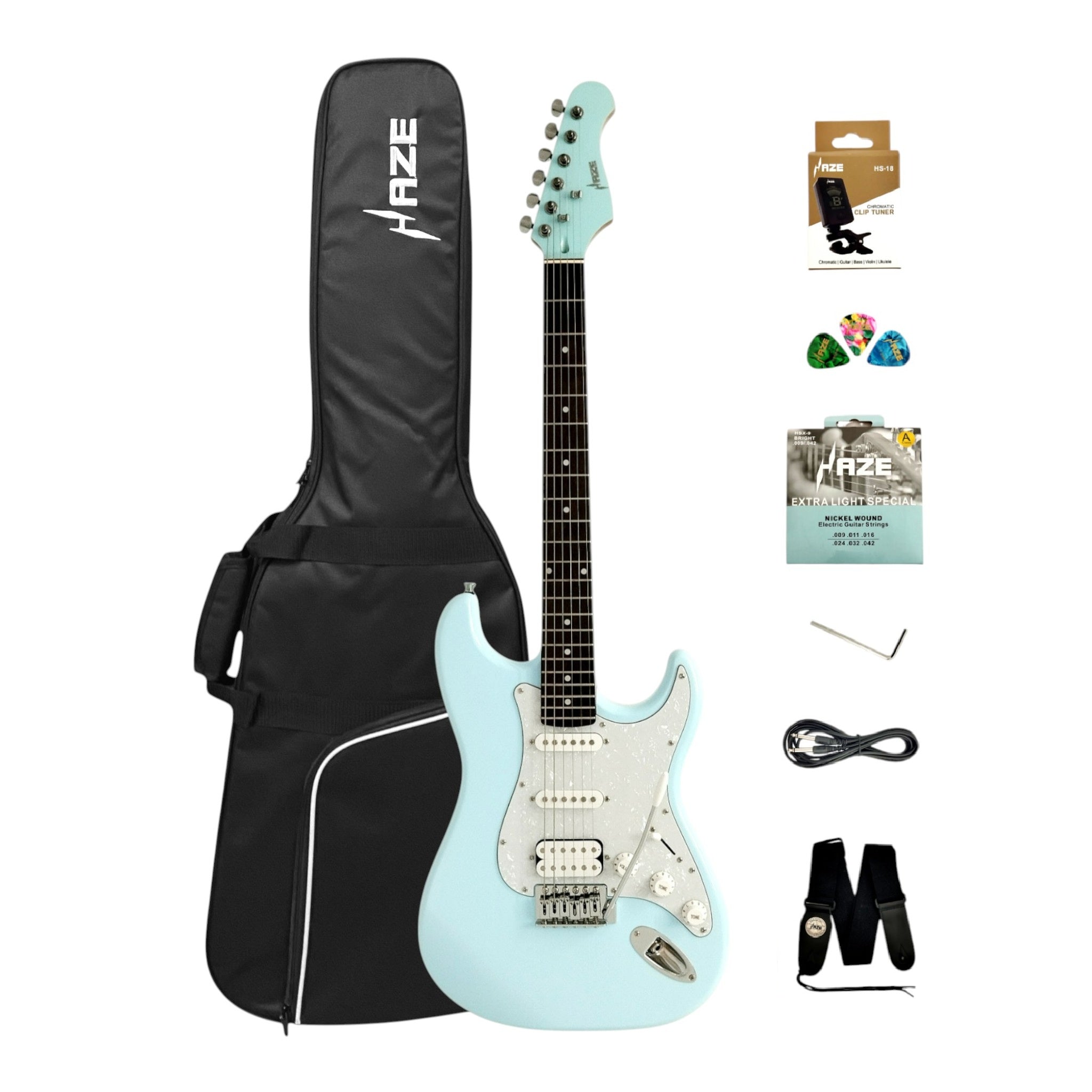Haze E211 Sonic Blue HST Electric Guitar with Accessories + 10W Amp (Optional)