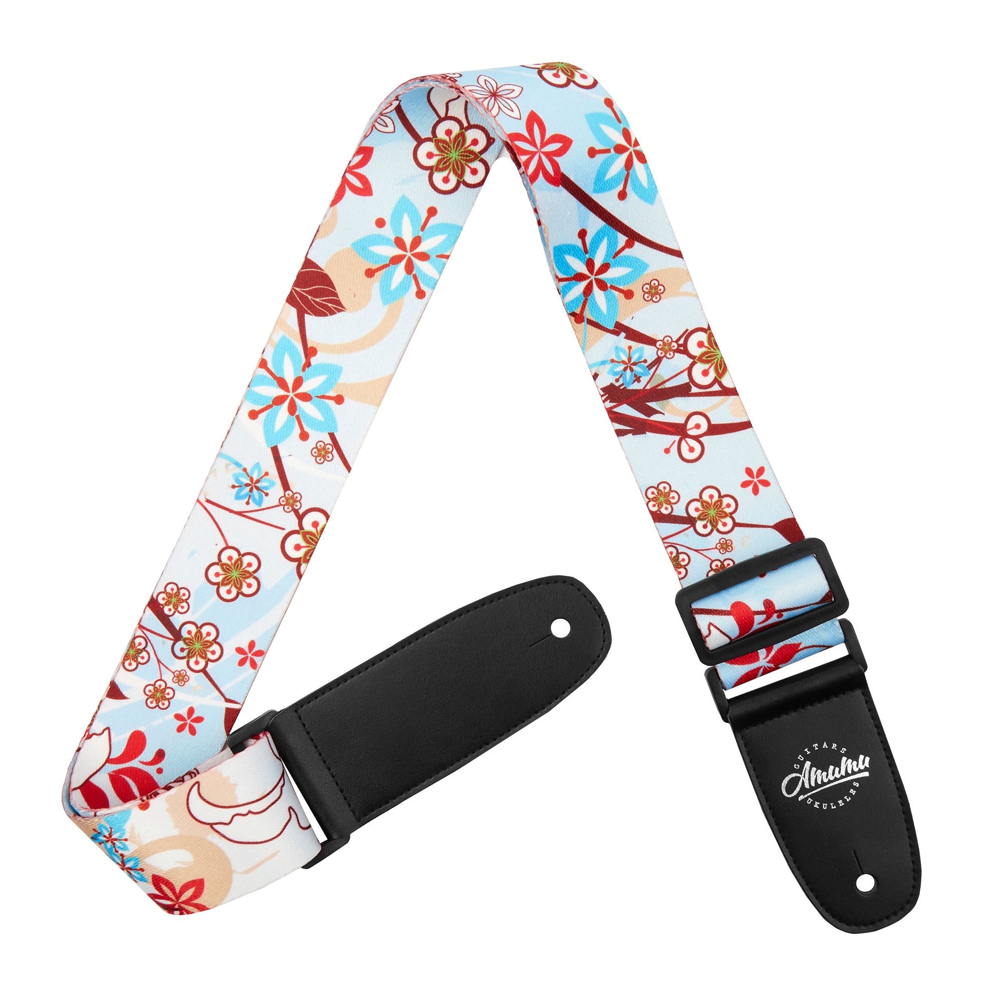 Amumu PC05P White Lily Flower Light Blue Polyester Cotton Guitar Strap
