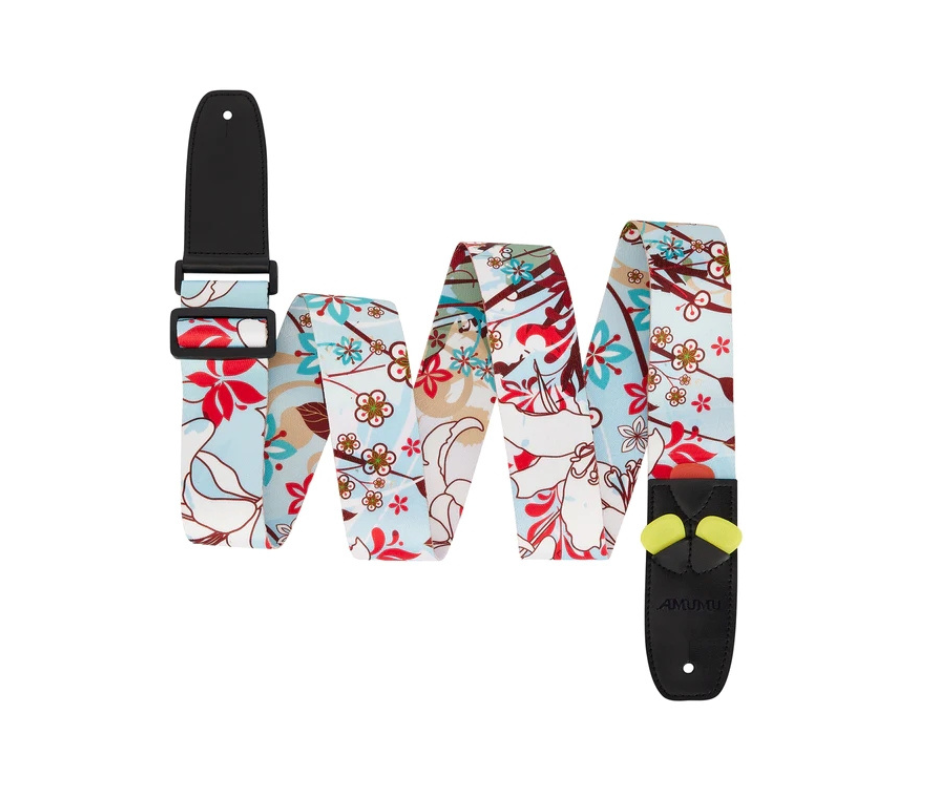 Amumu PC05P White Lily Flower Light Blue Polyester Cotton Guitar Strap