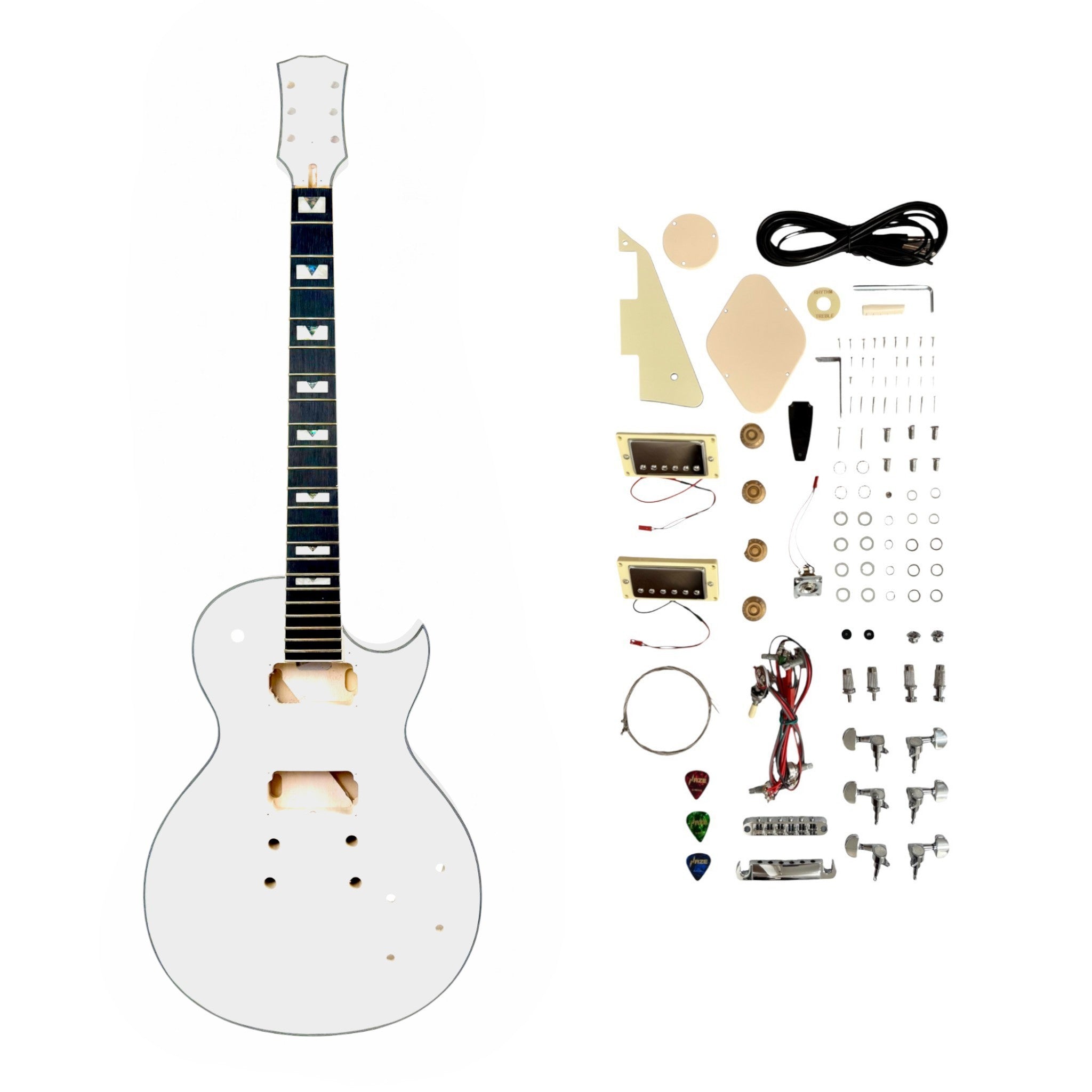 E238DIYWH White-Primed Arched Top Solid Basswood Body Maple Set-Neck HLP H-H Electric Guitar DIY Kit - Complete No-Soldering w/ 3-Ply Ivory Trims & Chrome Hardware