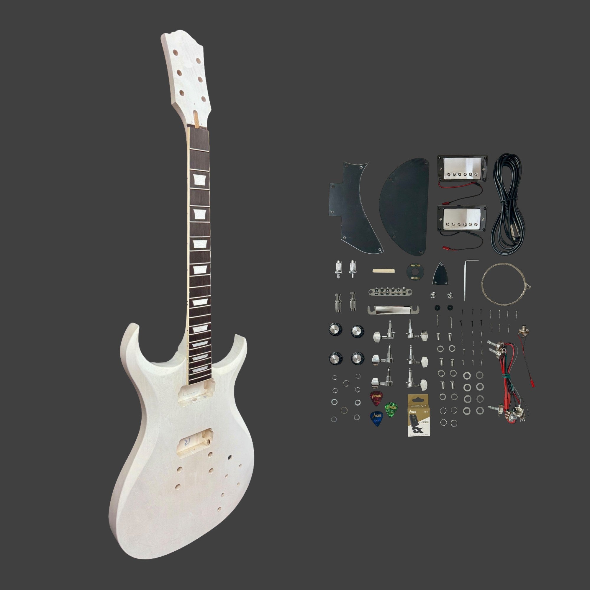 E575DIY White-Primed Poplar Body Set-Neck HGS H-H Electric Guitar DIY Kit - Complete No-Soldering w/ 3-Ply Ebony Trims & Chrome Hardware