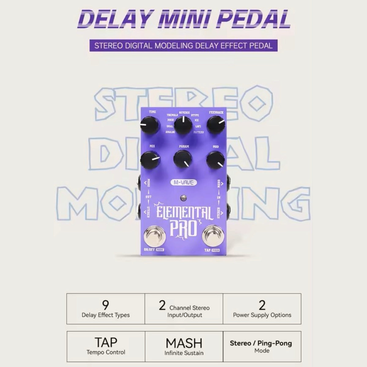 M-VAVE ELEMENTALPRO Stereo Digital Delay Effects Pedal w/ HOLD Sustain & Tap Tempo