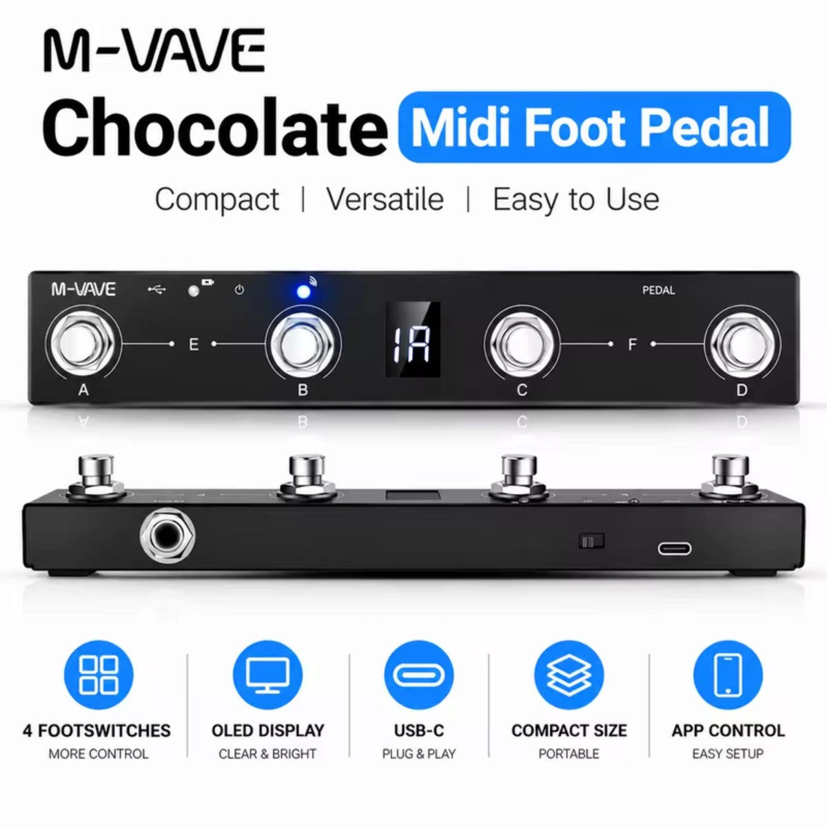 M-VAVE CHOCOLATE Wireless 4-Switch MIDI Foot Controller w/ Command Feedback Display & Bluetooth Connectivity
