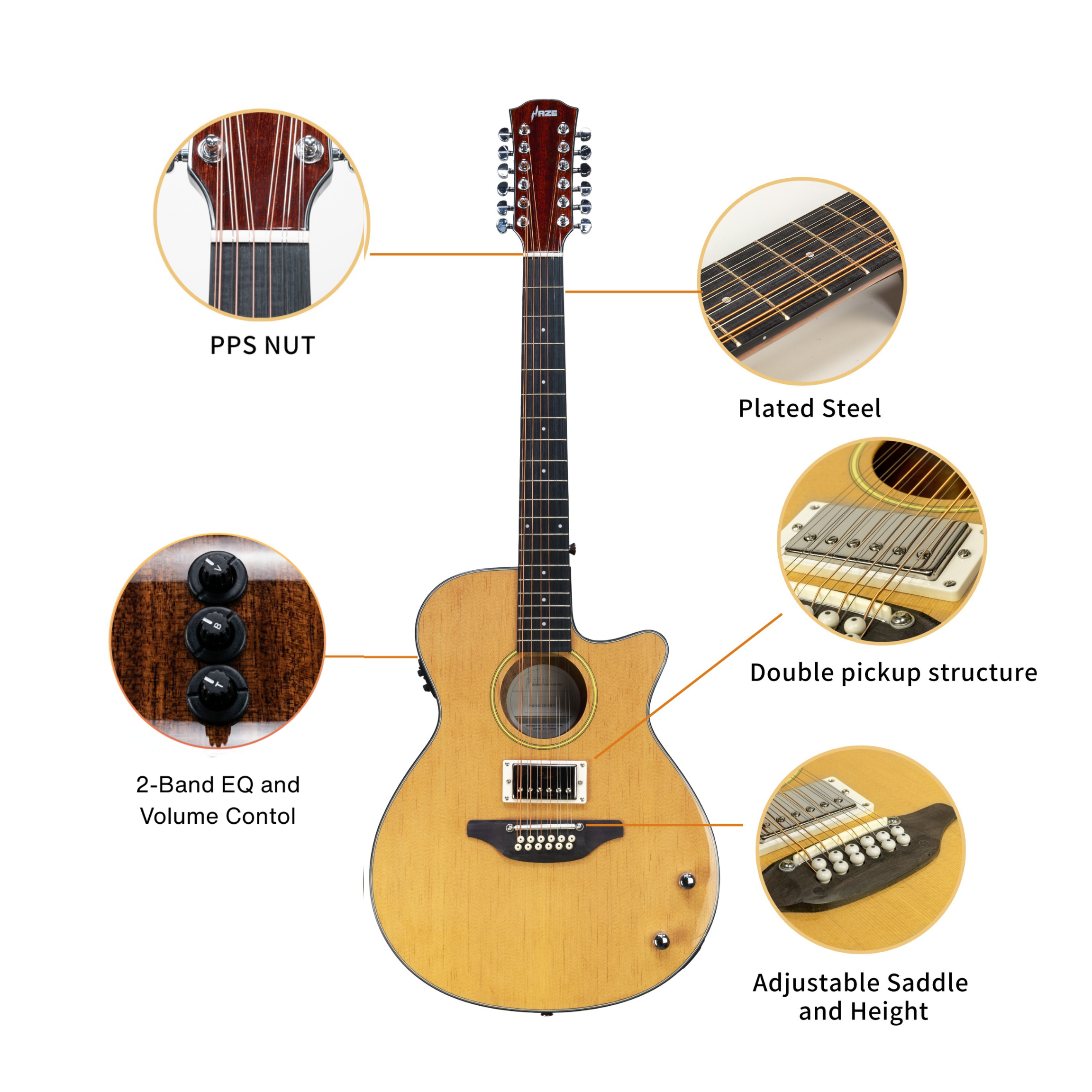 Haze SDG82812CHEQSN Hybrid Acoustic-Electric 12-String Guitar with Humbucker & Height Adjustable Saddle - Natural