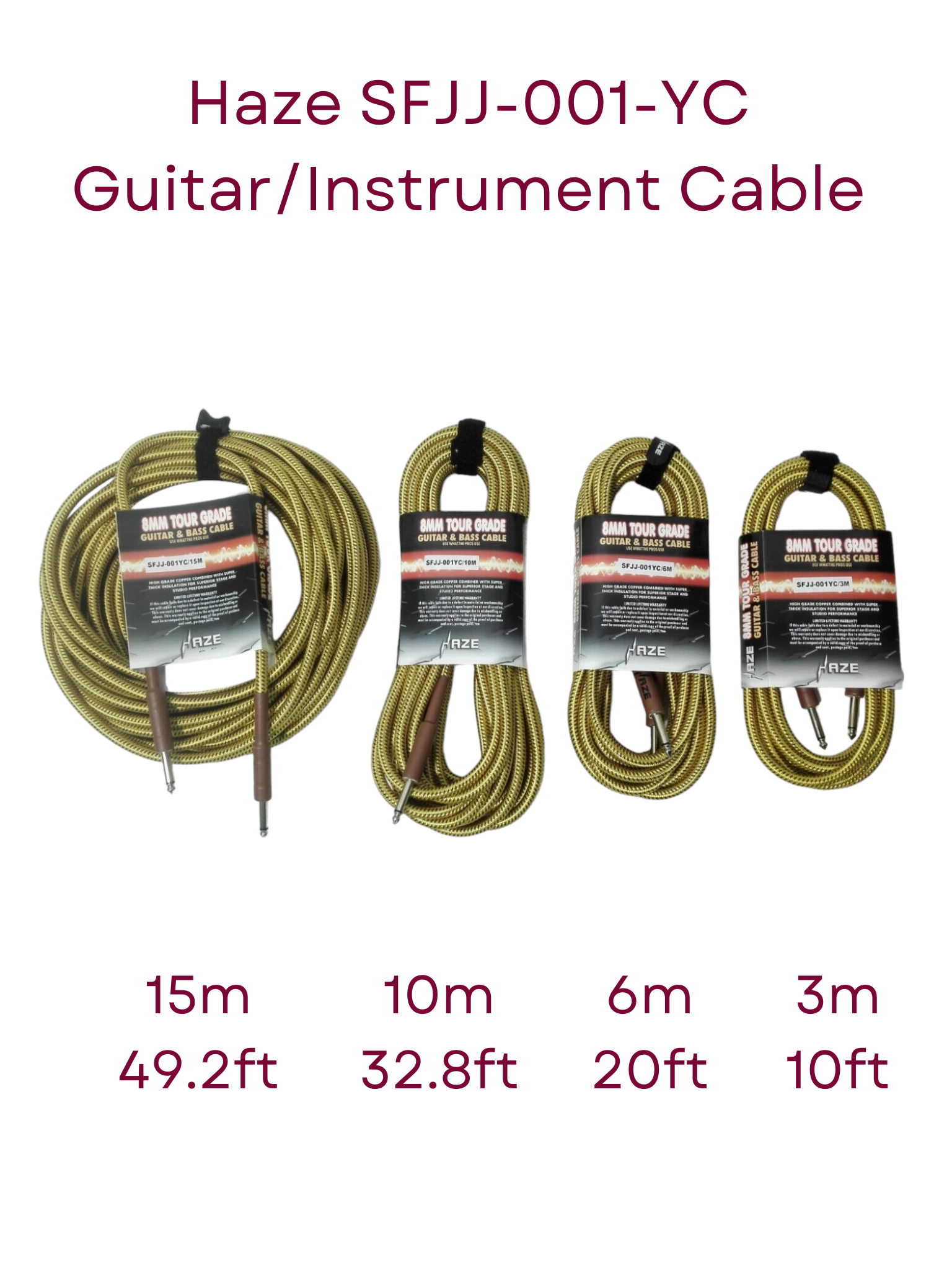 Haze Tour Grade Braided Tweed Guitar/Instrument Cable/Lead,3m,6m,10m,15m Yellow+Brown SFJJ-001