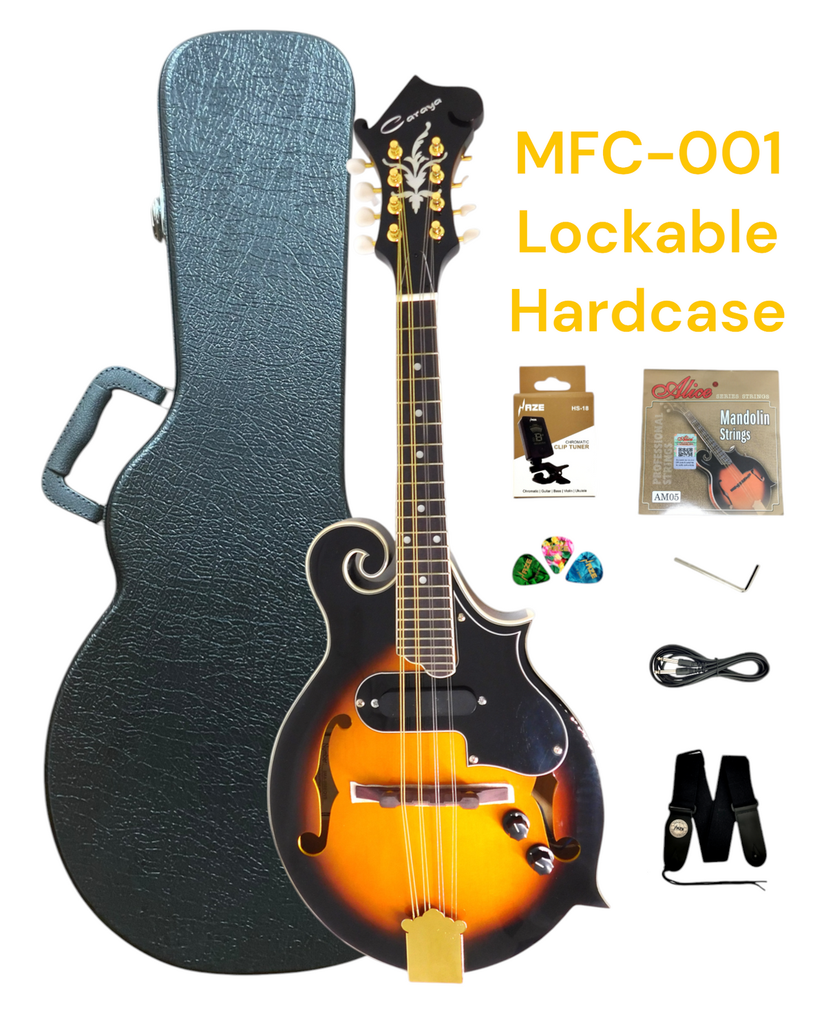 (PREORDER: EST. NOV 2026) Caraya Solid Spruce Top F-Style Acoustic-Electric Mandolin in Sunburst w/ Accessories & Lockable Hardcase (Optional) - SMA008EQVS