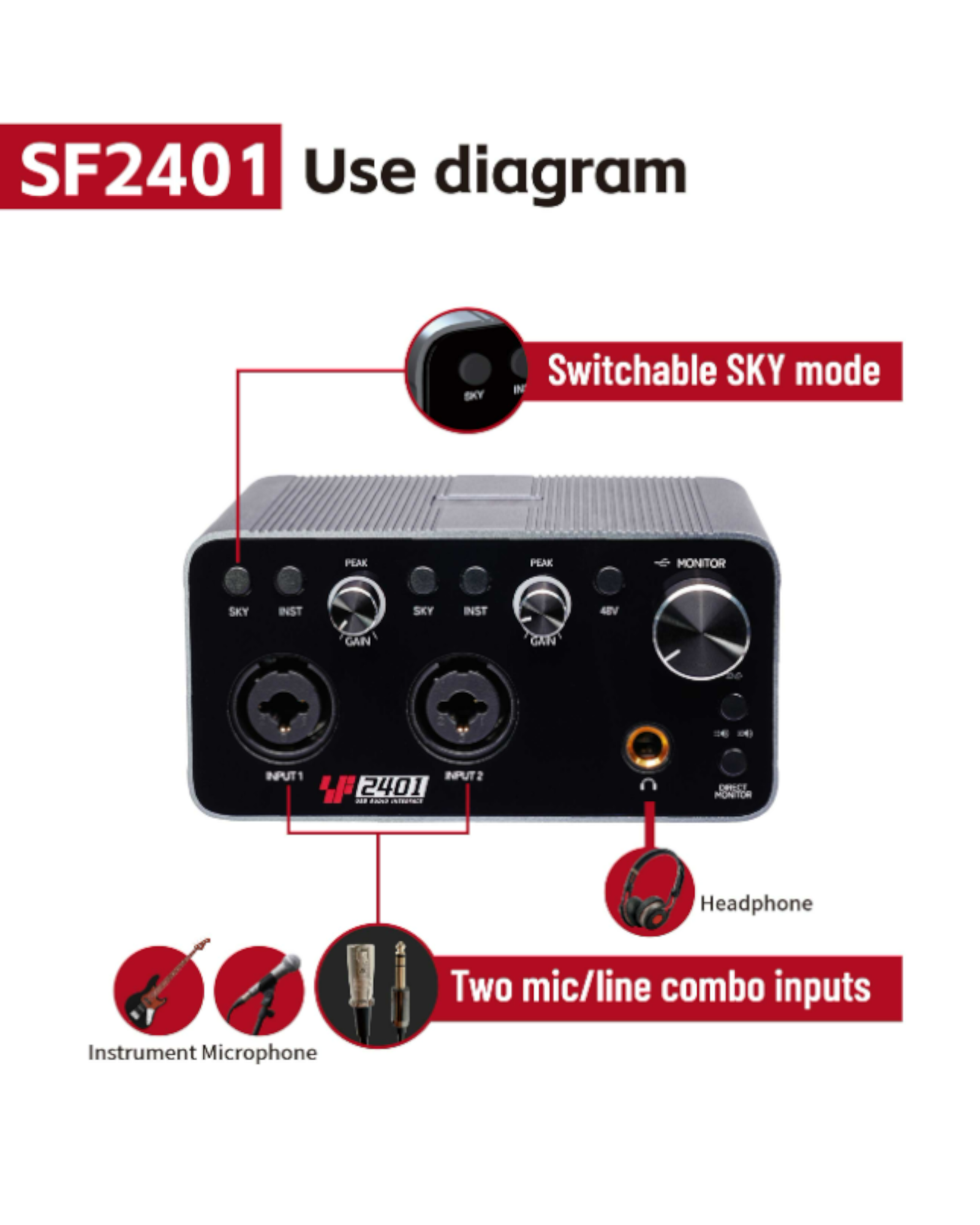 Simplefly Digital Dual-Channel 24bit/192kHz AD/DA Converter USB-C Audio Interface w/ 48V Phantom Power Supply & Pre-Amp -  SF2401