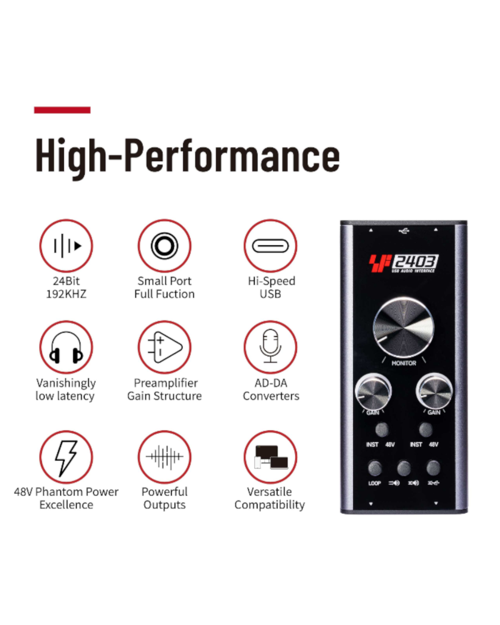 Simplefly Analog Dual-Channel 24bit/192kHz AD/DA Converter USB-C Audio Interface w/ 48V Phantom Power Supply & Loopback Function - SF2403