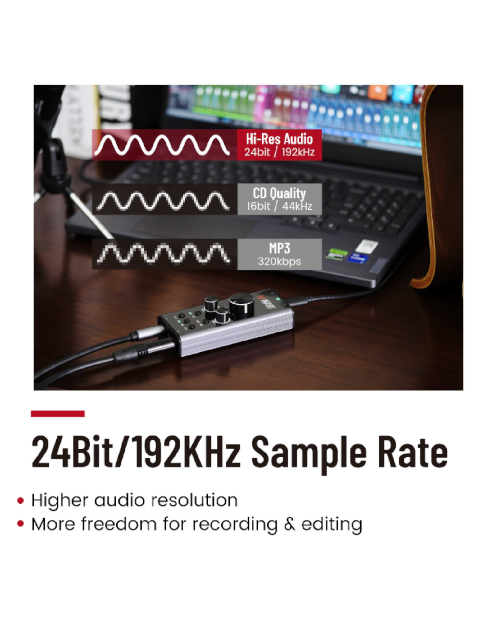 Simplefly Analog Dual-Channel 24bit/192kHz AD/DA Converter USB-C Audio Interface w/ 48V Phantom Power Supply & Loopback Function - SF2403