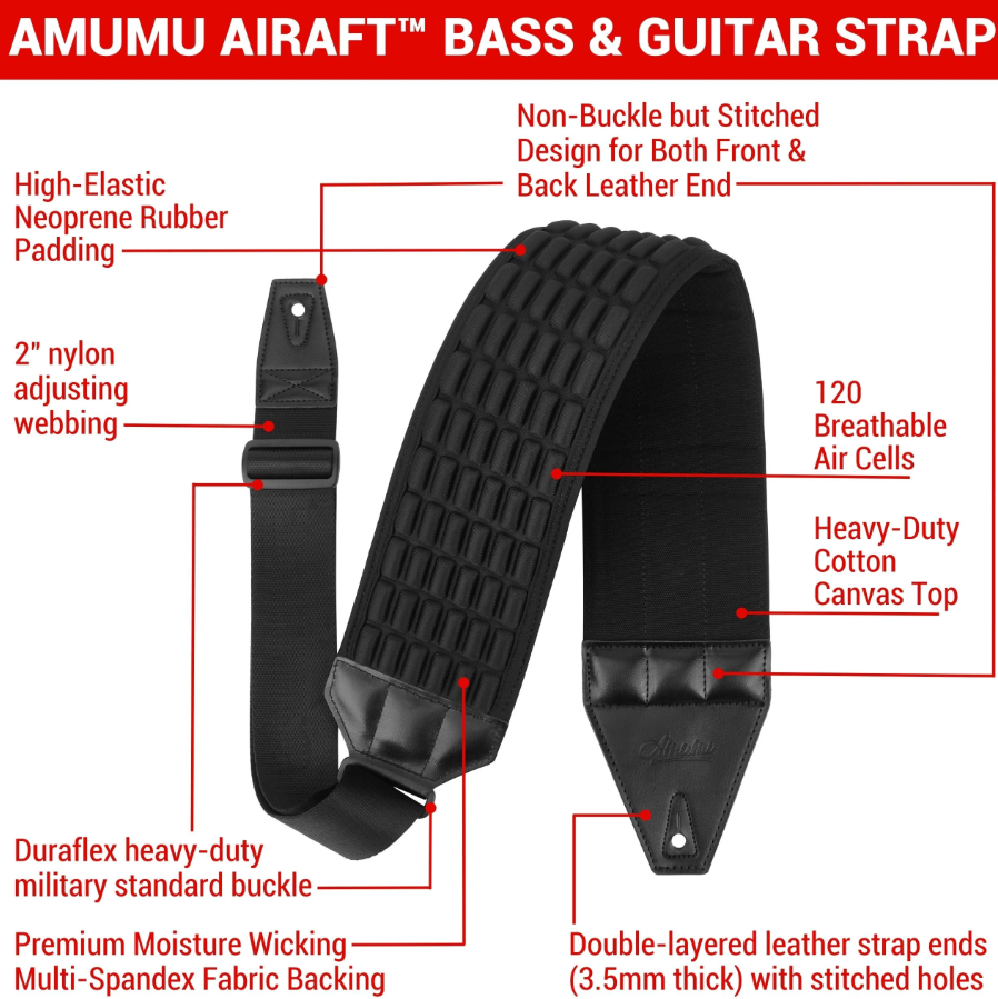 AMUMU AIRAFT™ 4" Air Cell Padded Bass & Guitar Strap - Black