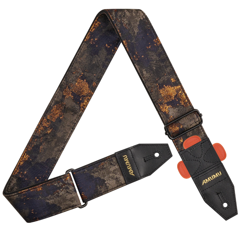 Amumu CO37PBG Molten Gold Guitar Strap – Premium Woven Design with Leather Ends & Pick Holder