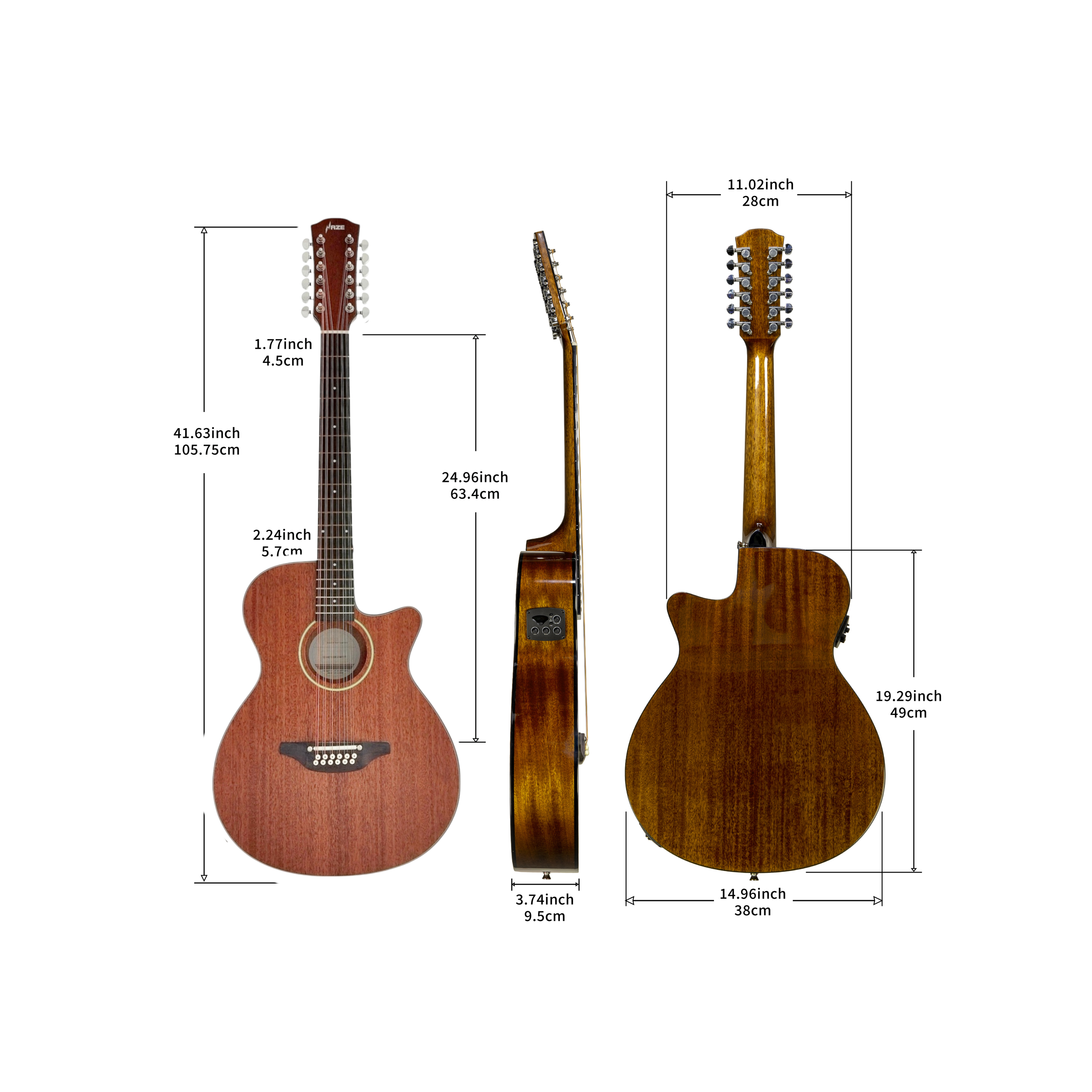 Haze SDG82712CEQSM 12-String Mahogany/Sapele Body Acoustic-Electric Guitar Height Adjustable Saddle - MG30