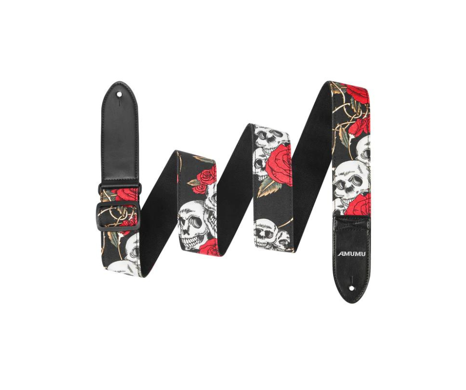 Amumu DN01P Skull Rose Guitar Strap Red Denim for Acoustic/ Electric Guitars, Bass