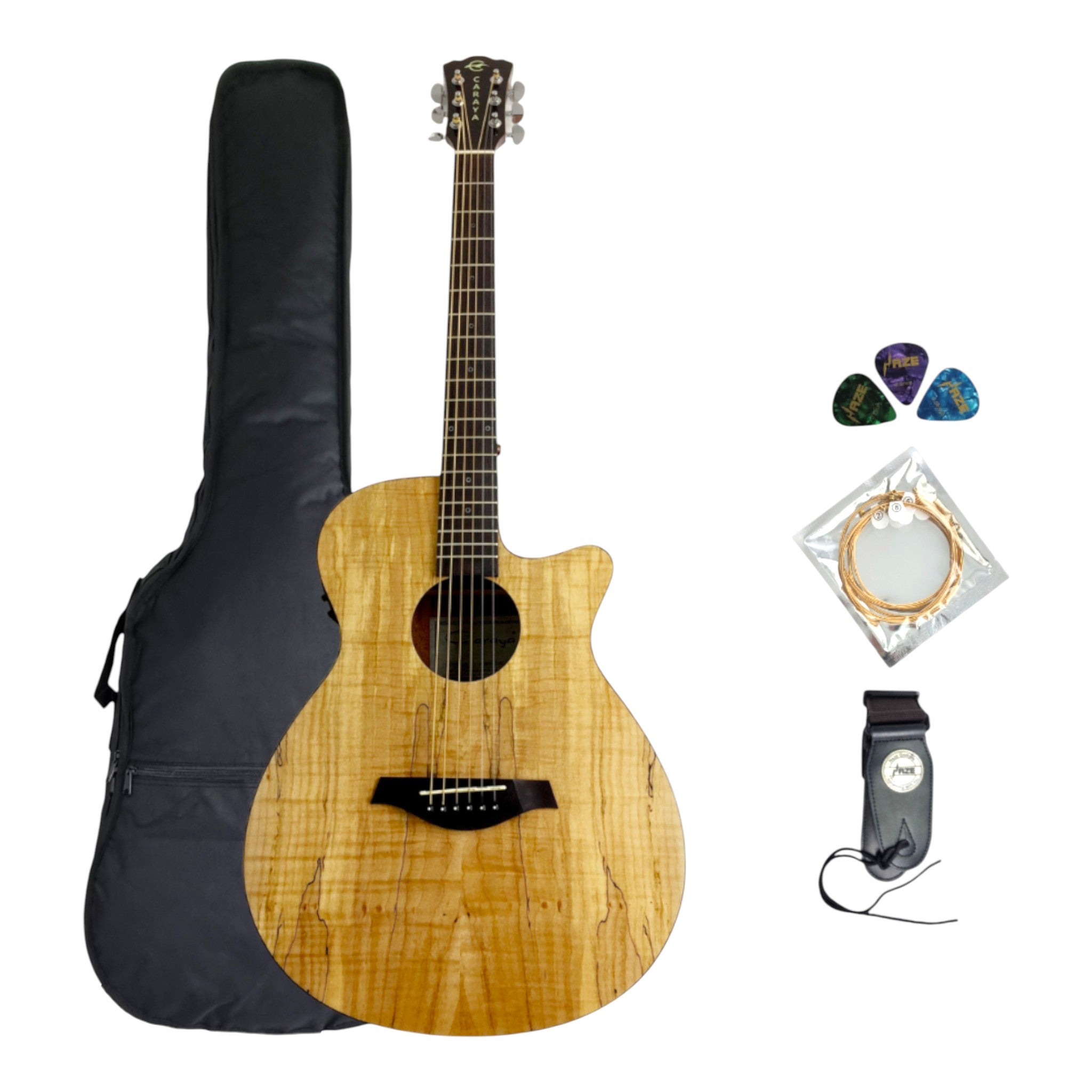 Caraya HSGYPSYCEQGC Spalted Spruce Built-In Pickups/Tuner OM Cutaway Acoustic Guitar - Natural