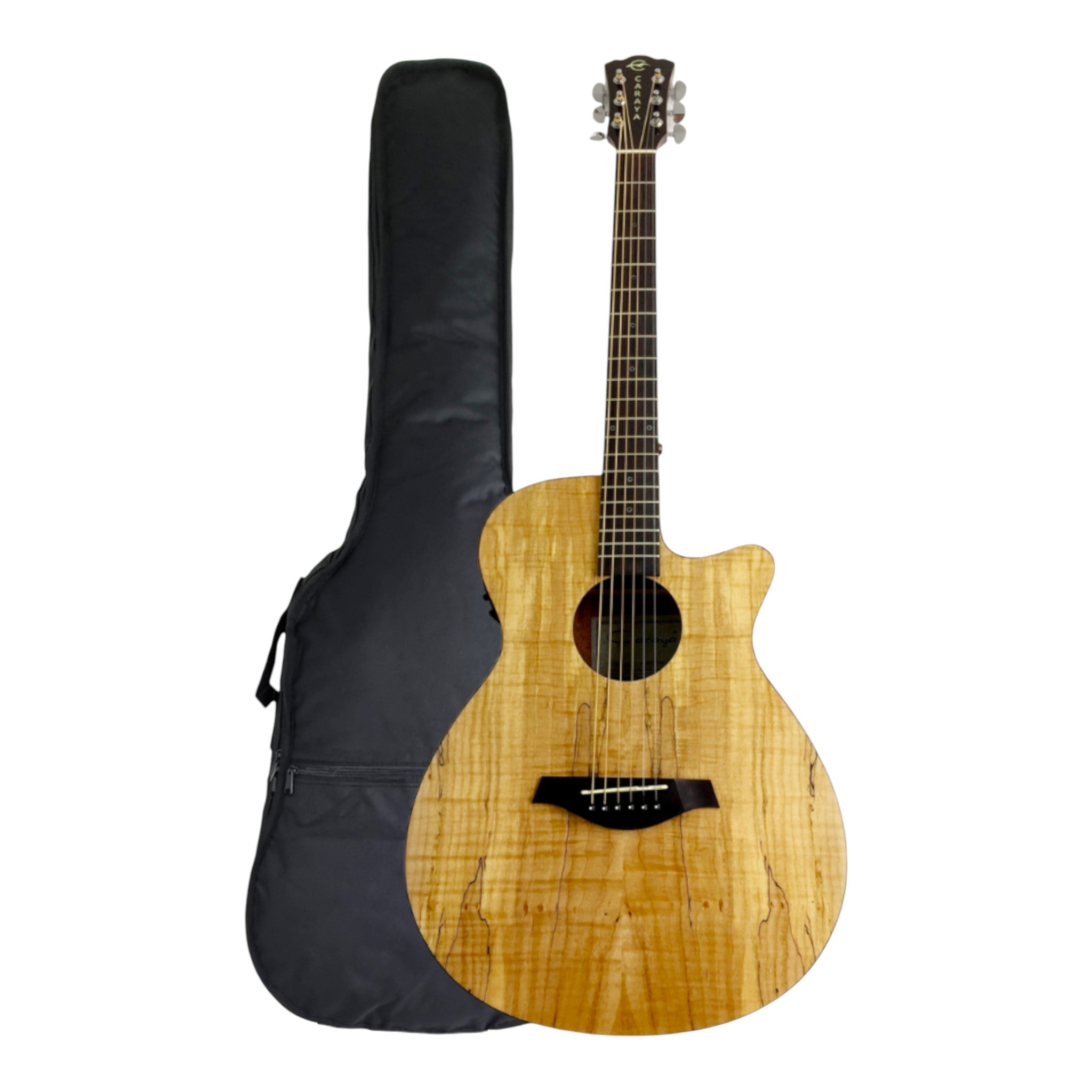 Caraya HSGYPSYCEQGC Spalted Spruce Built-In Pickups/Tuner OM Cutaway Acoustic Guitar - Natural
