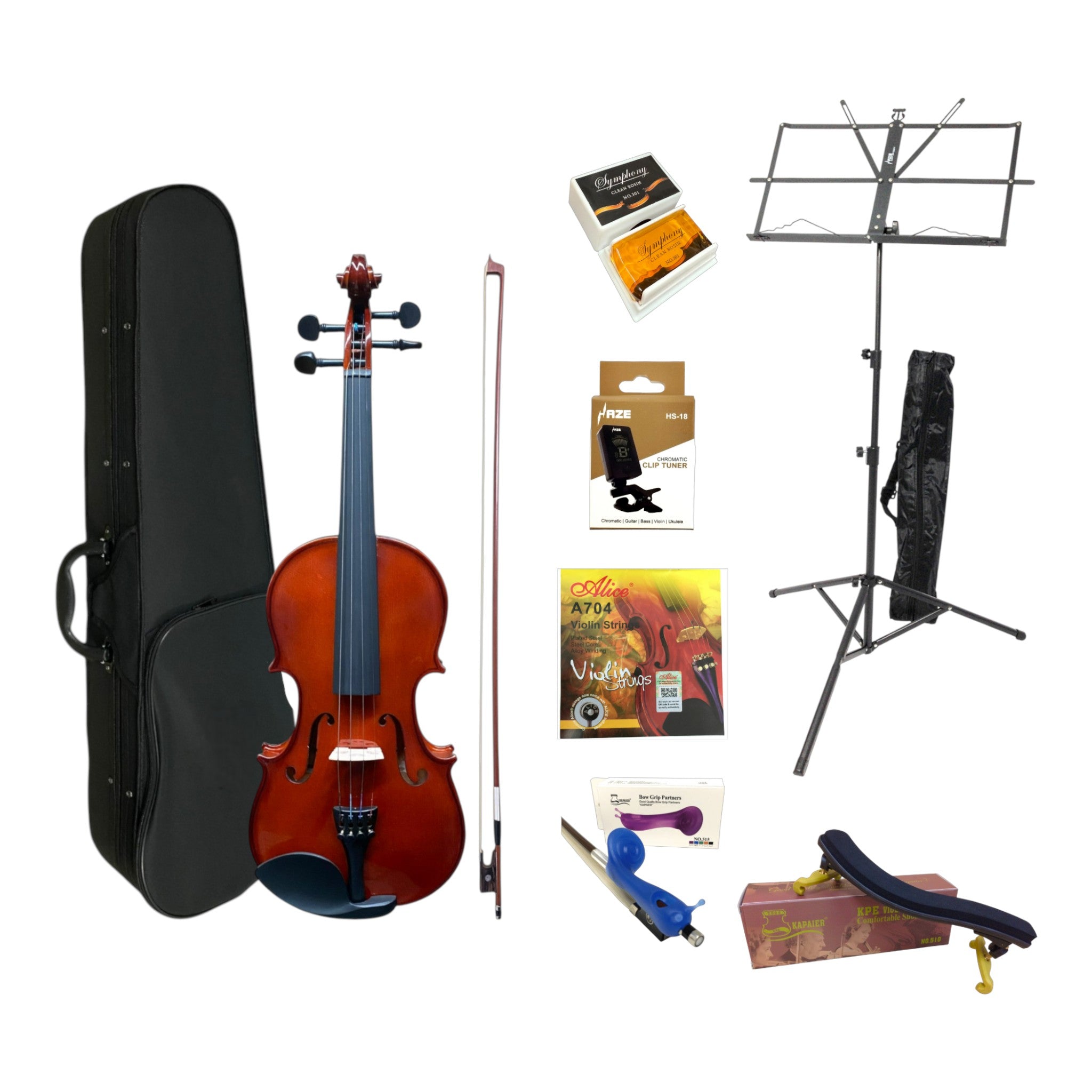 Caraya MV001 Solid Spruce Top 4/4 to 1/16 Size Violin Outfit in Natural Gloss - Student Bundle (MV001PK1)