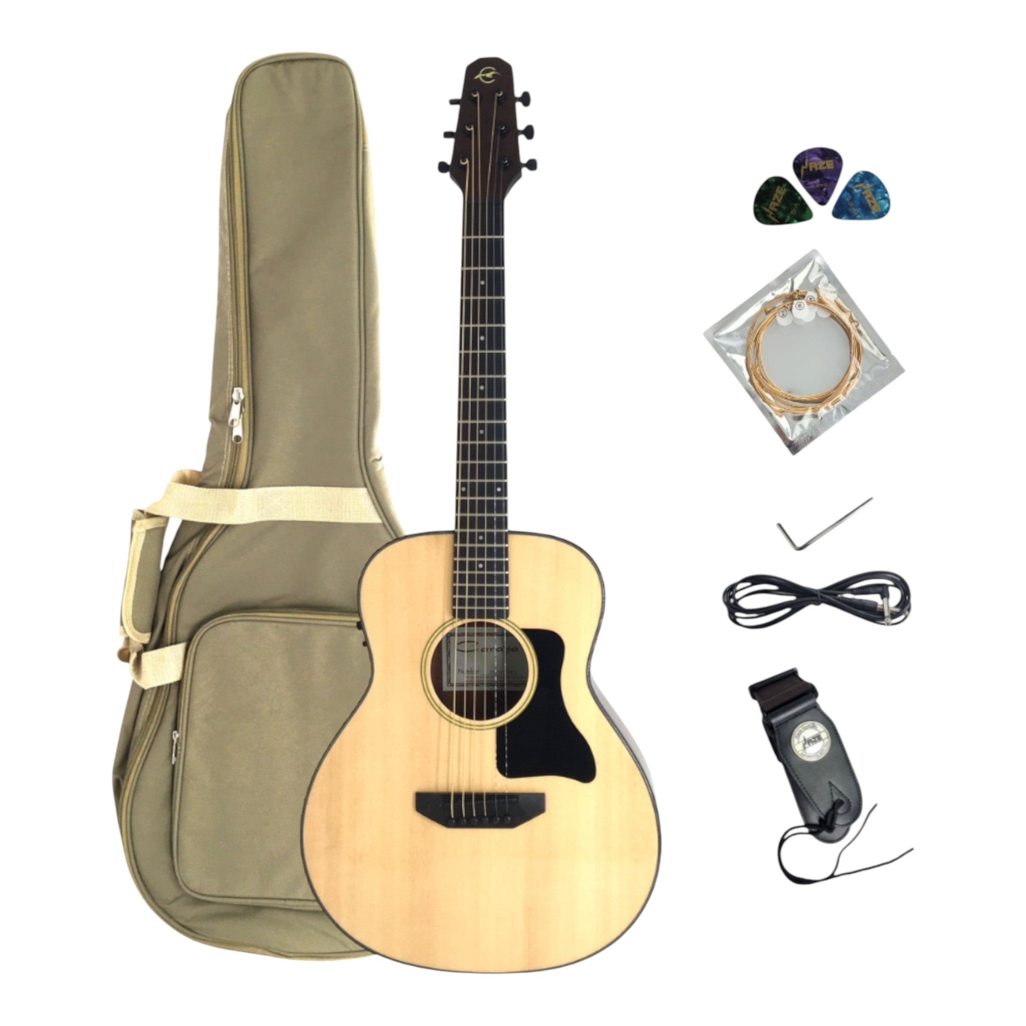 Caraya P301210SEQ 3/4 Traveller Solid Spruce Built-In Pickups/Tuner Acoustic Guitar - Natural