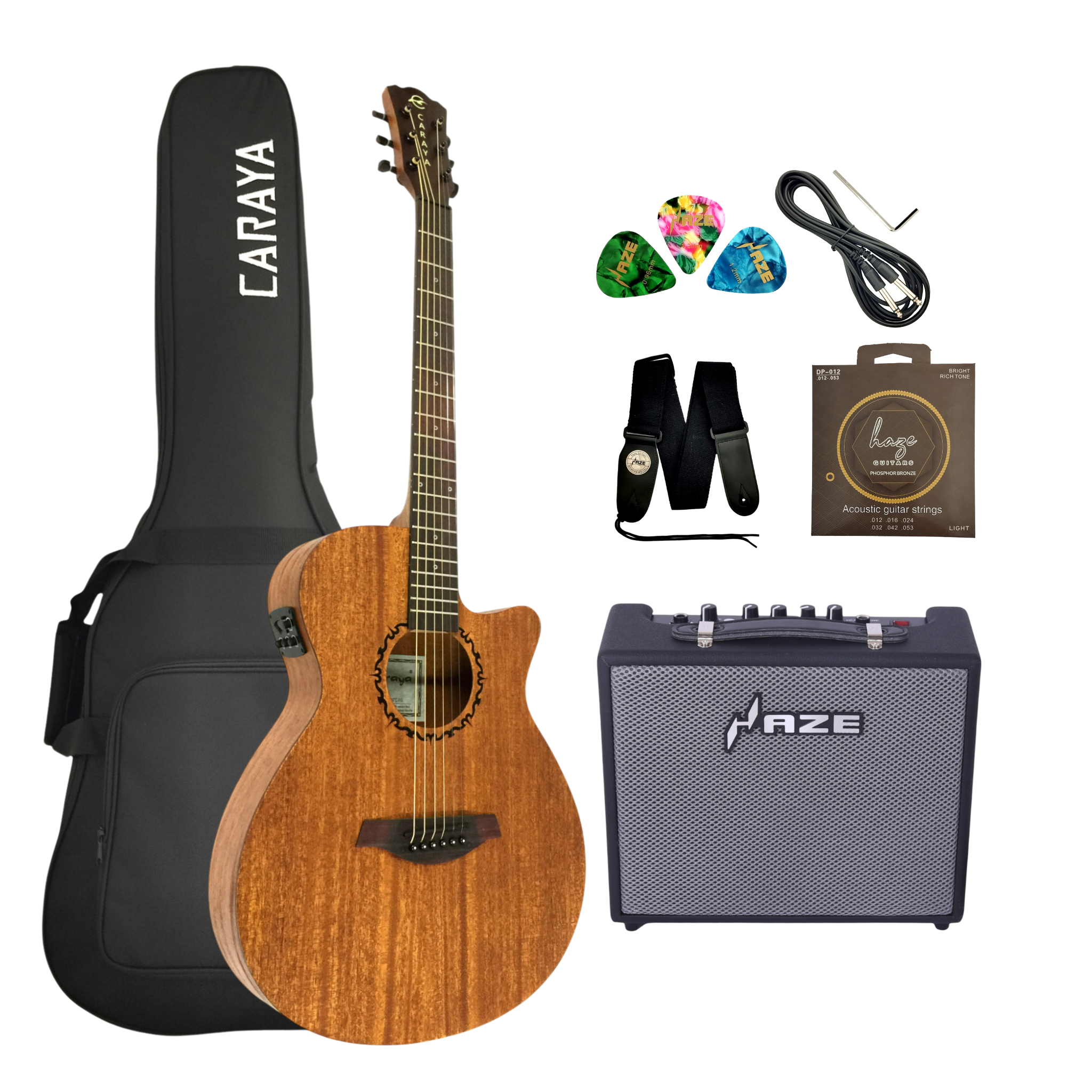 Caraya SAFAIR40CEQ 40" Traveler Thin Body Built-In Pickups/Tuner Acoustic Guitar - Natural with Accessories and 10W Amp. (Optional)