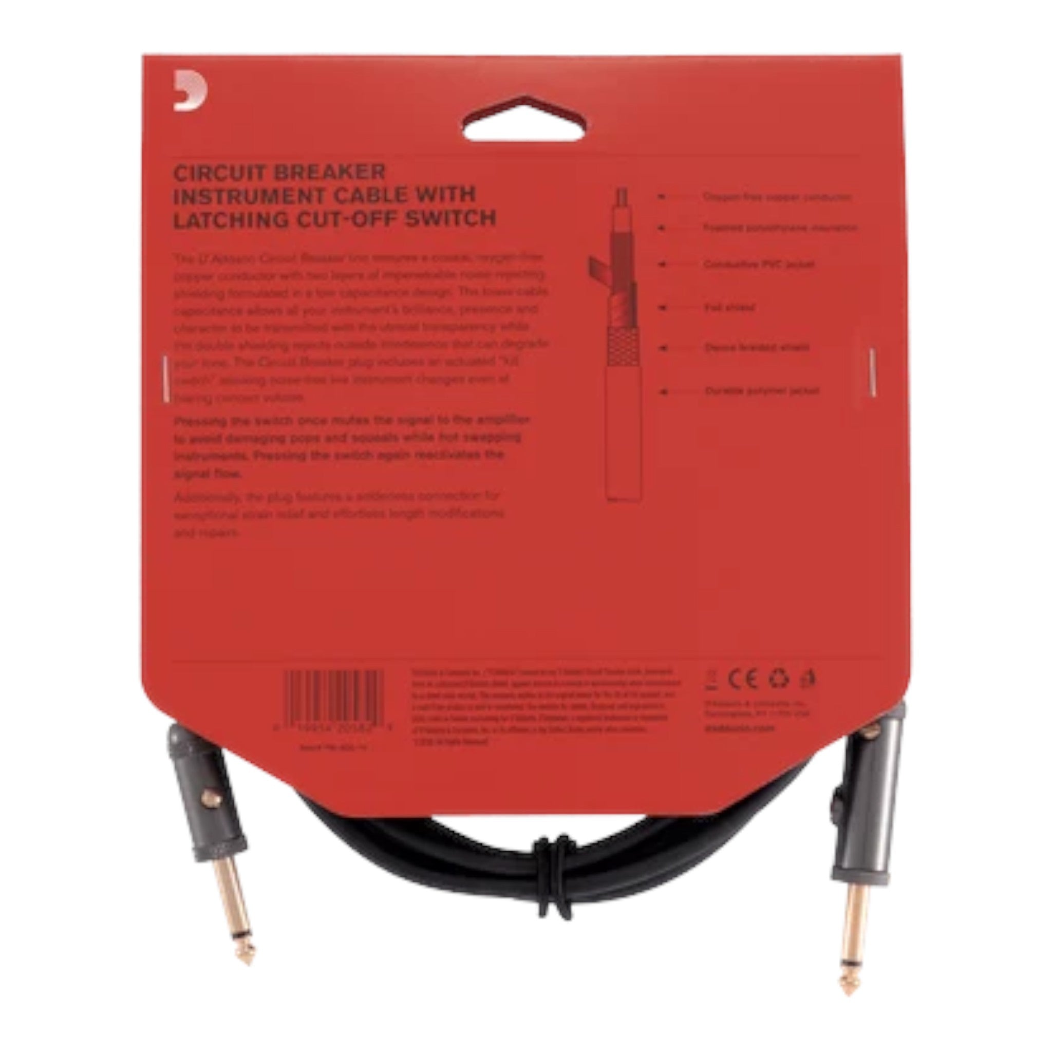 D'Addario Circuit Breaker Series 1/4" Jack, Latching Instrument Cable - Straight-Straight
