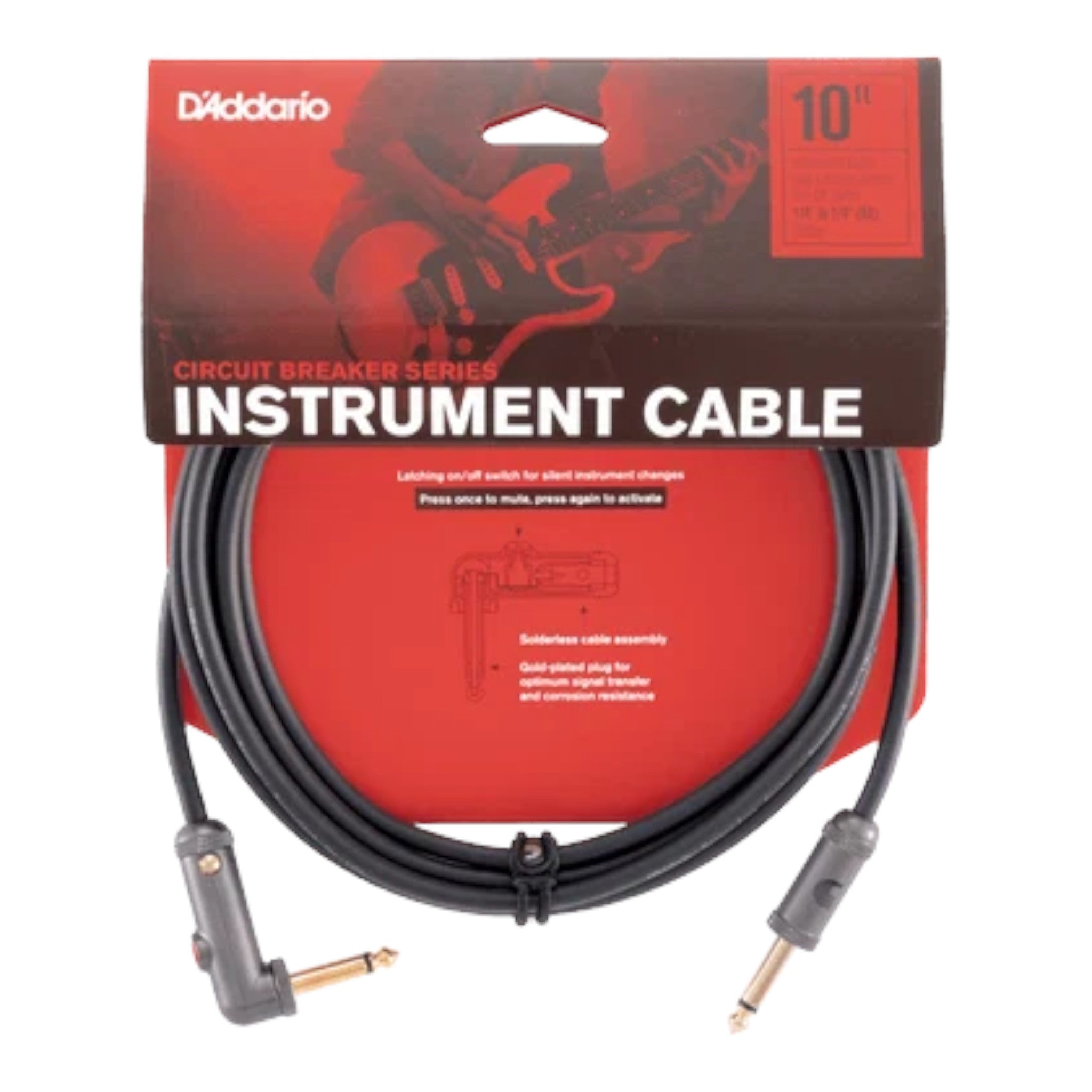 D'Addario Circuit Breaker Series 1/4" Jack, Latching Instrument Cable - Right Angle-Straight