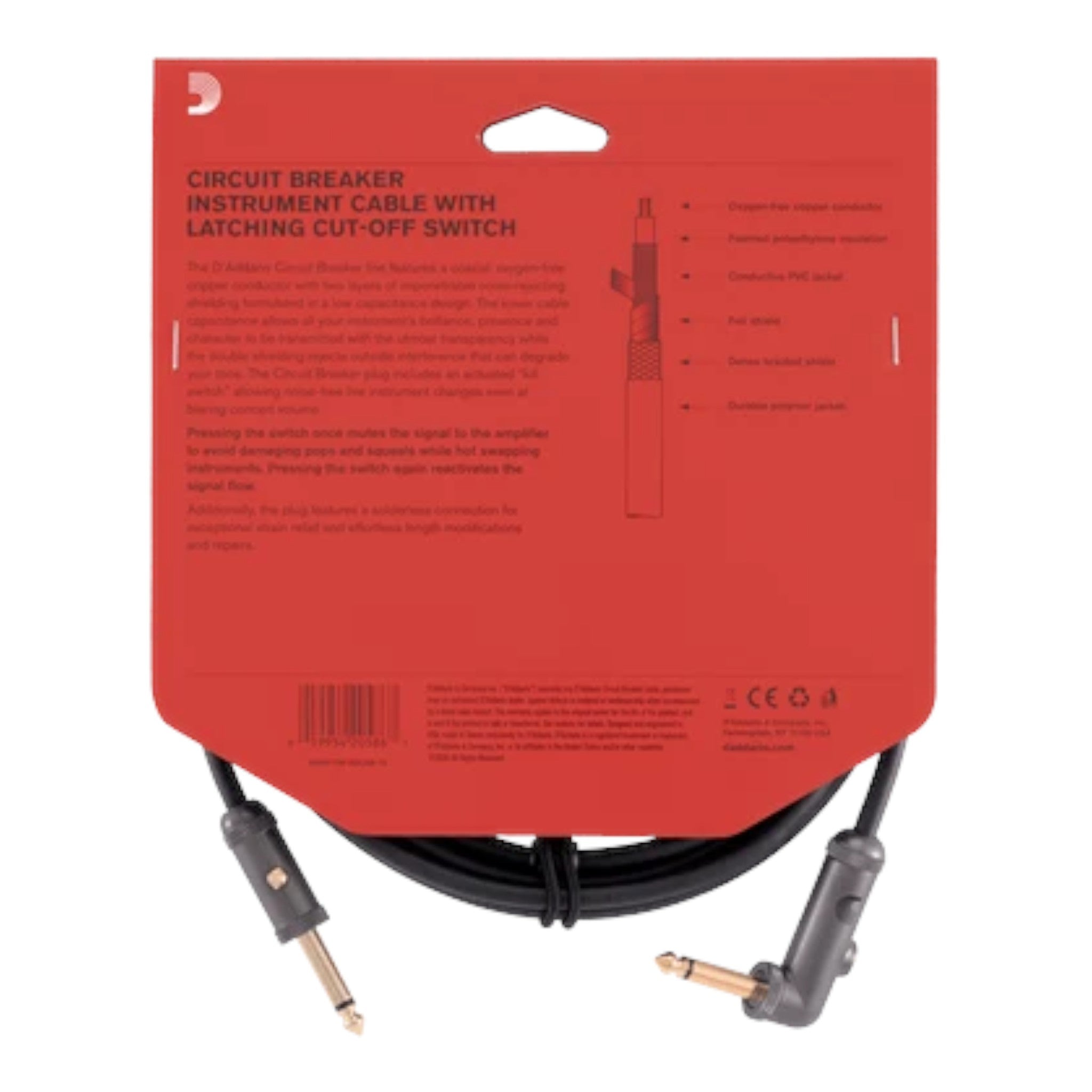 D'Addario Circuit Breaker Series 1/4" Jack, Latching Instrument Cable - Right Angle-Straight