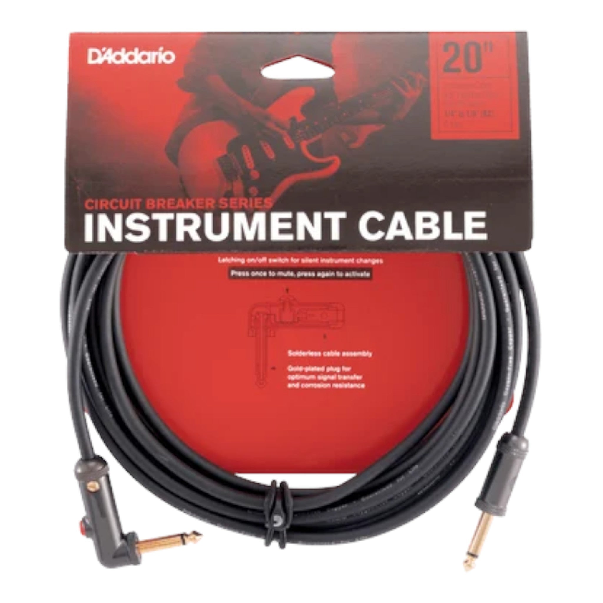 D'Addario Circuit Breaker Series 1/4" Jack, Latching Instrument Cable - Right Angle-Straight