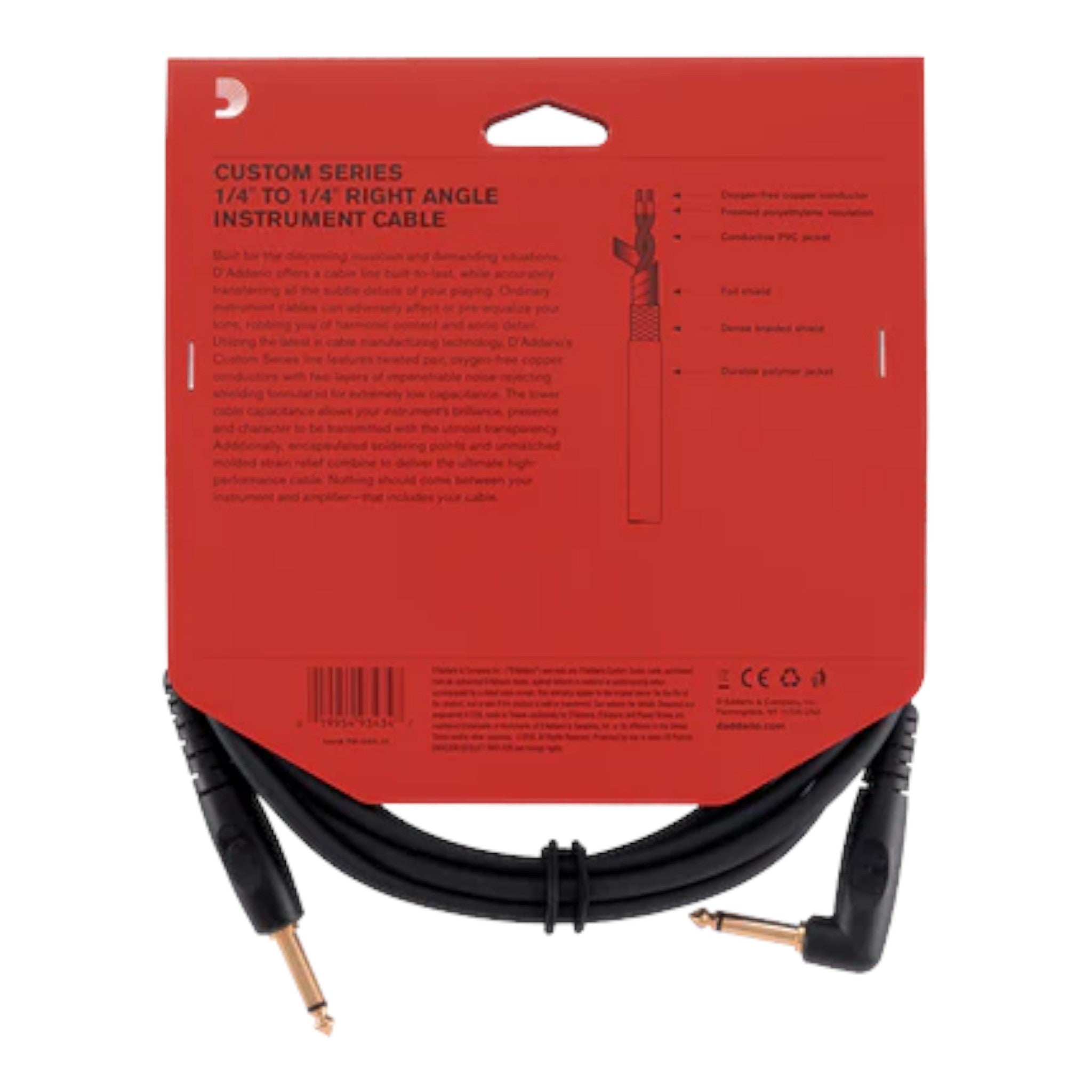 D'Addario Custom Series 1/4" Jack Instrument Cable - Right Angle-Straight