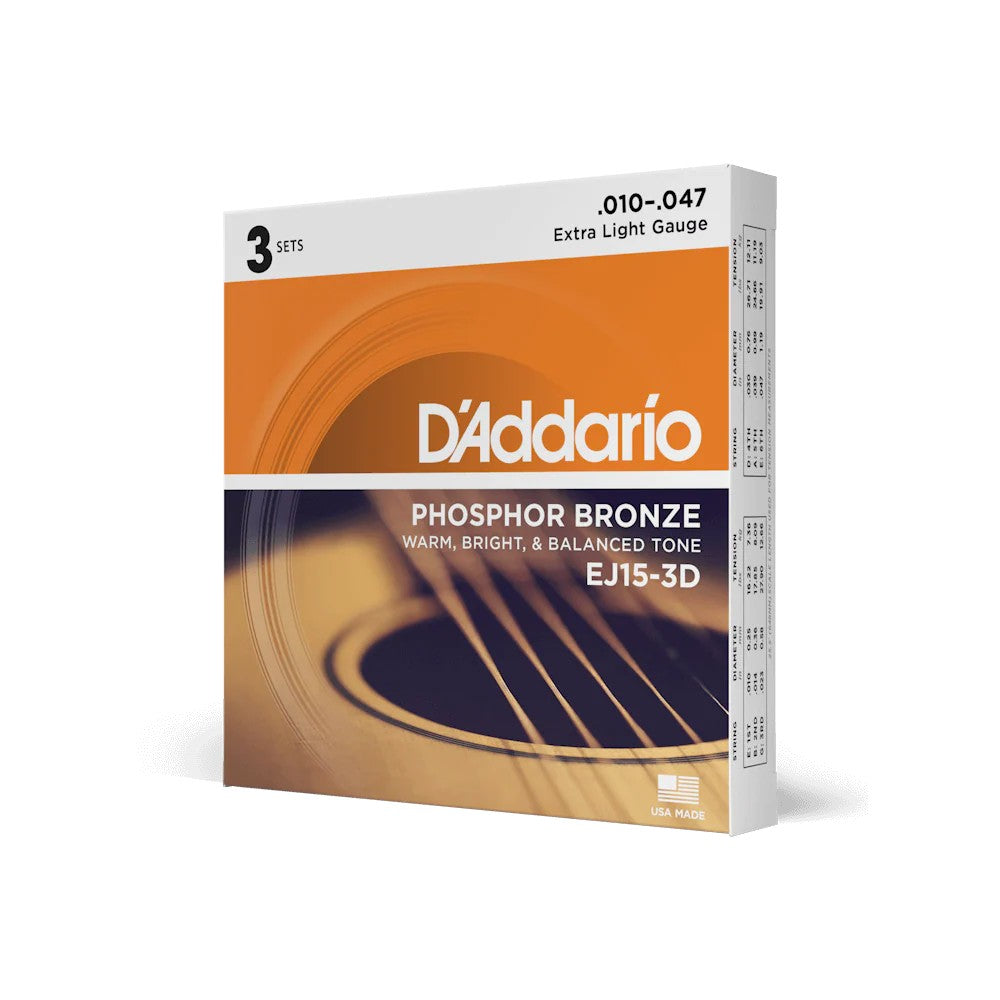 D’Addario 10-47 Phosphor Bronze Acoustic Guitar Strings – Extra Light (.010–.047) (EJ15)