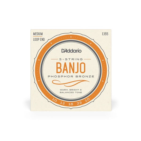 D’Addario 10-23 Phosphor Bronze Wound 5-String Banjo Strings – Medium (.010-.023) (EJ55)