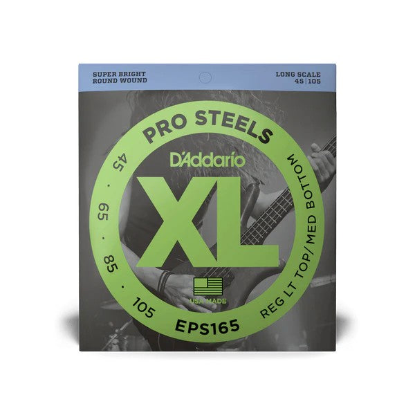 D’Addario 45-105 XL ProSteels Electric Bass Guitar Strings – Regular Light Top / Medium Bottom - Long Scale (EPS165)