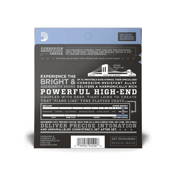 D’Addario 45-105 XL ProSteels Electric Bass Guitar Strings – Regular Light Top / Medium Bottom - Long Scale (EPS165)