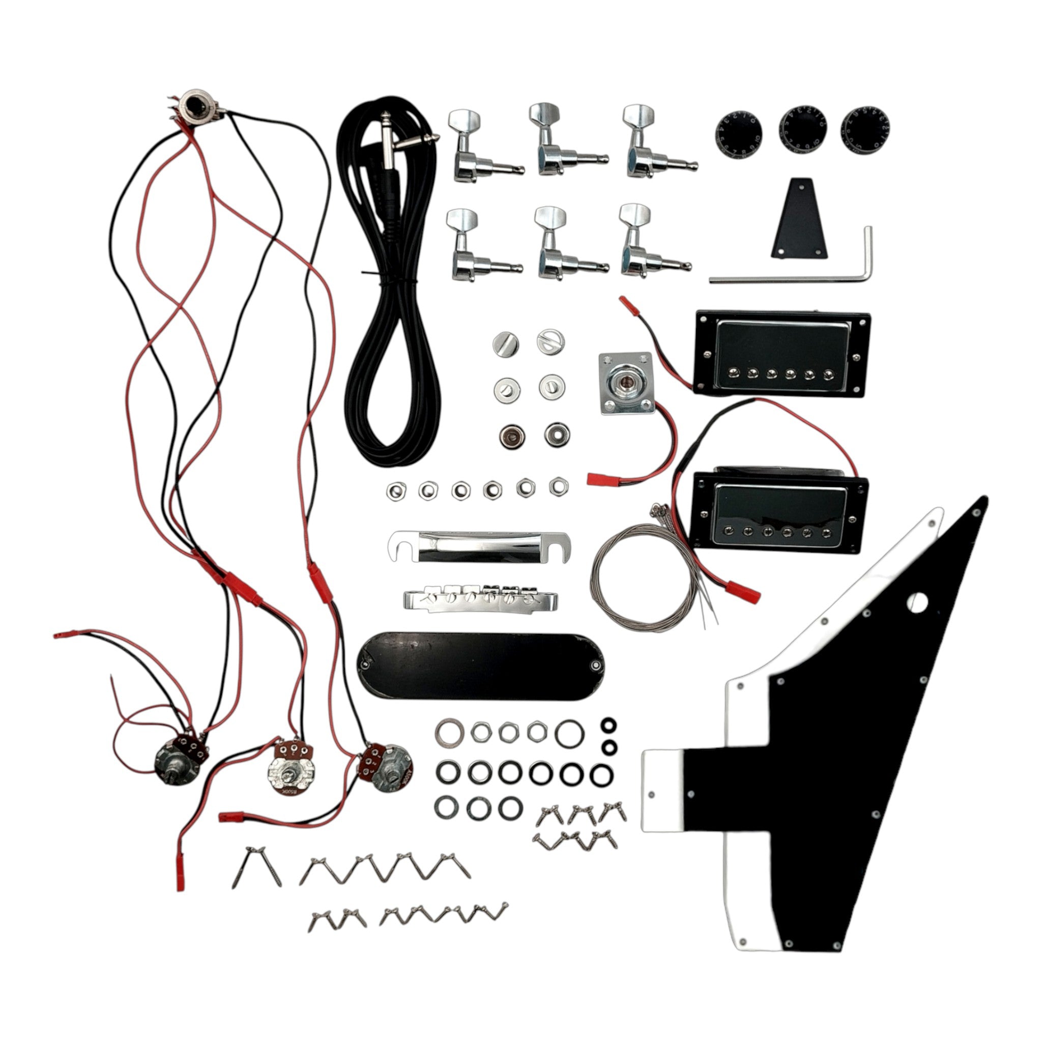 E1958 Solid Mahogany Set-Neck Explorer-Style H-H Electric Guitar DIY Kit - Complete No-Soldering w/ 3-Ply Pickguards in Black & White