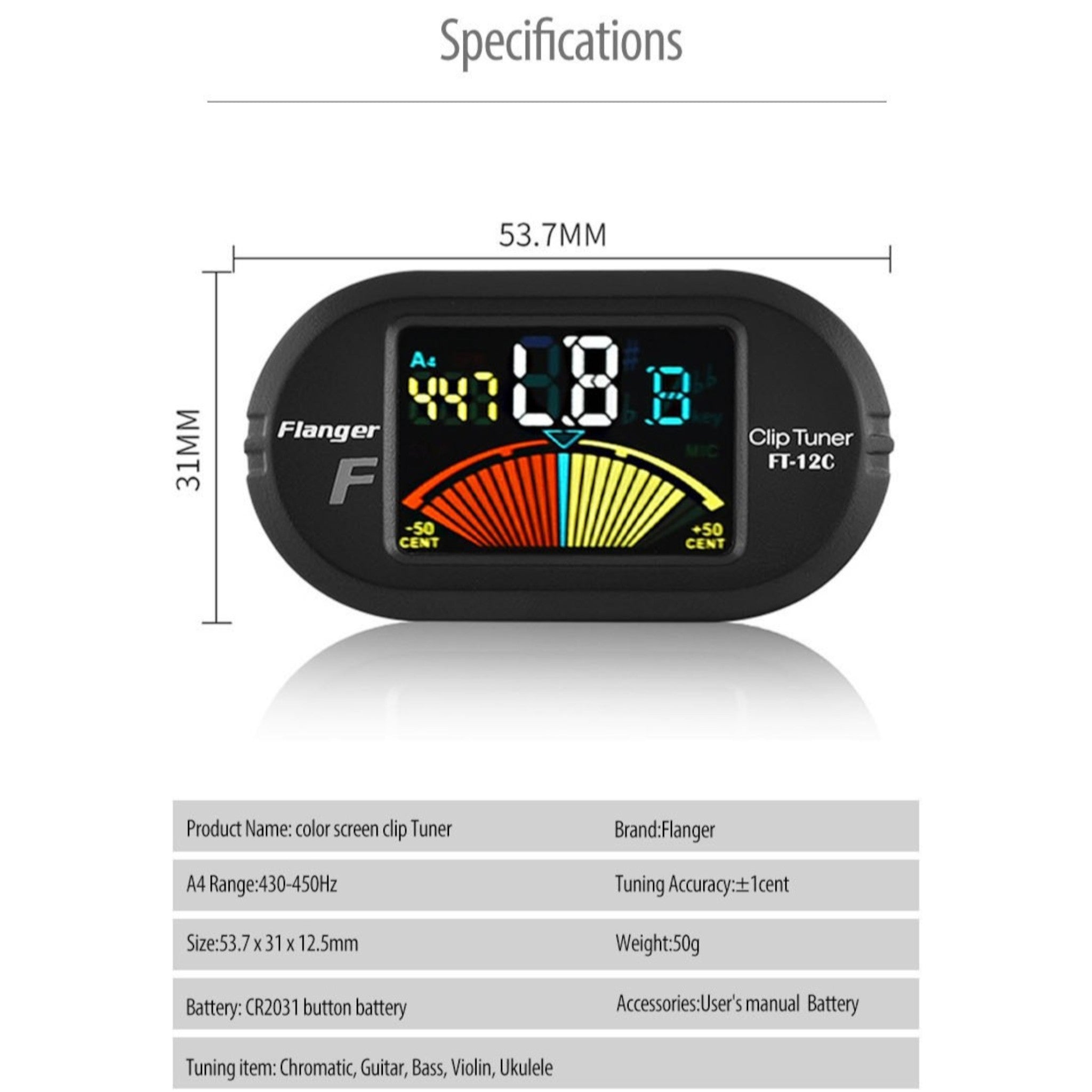 (PREORDER: Mid OCT 2026) Flanger FT12C Chromatic Clip-On Tuner with Colour LCD Display - Guitar, Bass, Violin & Ukulele