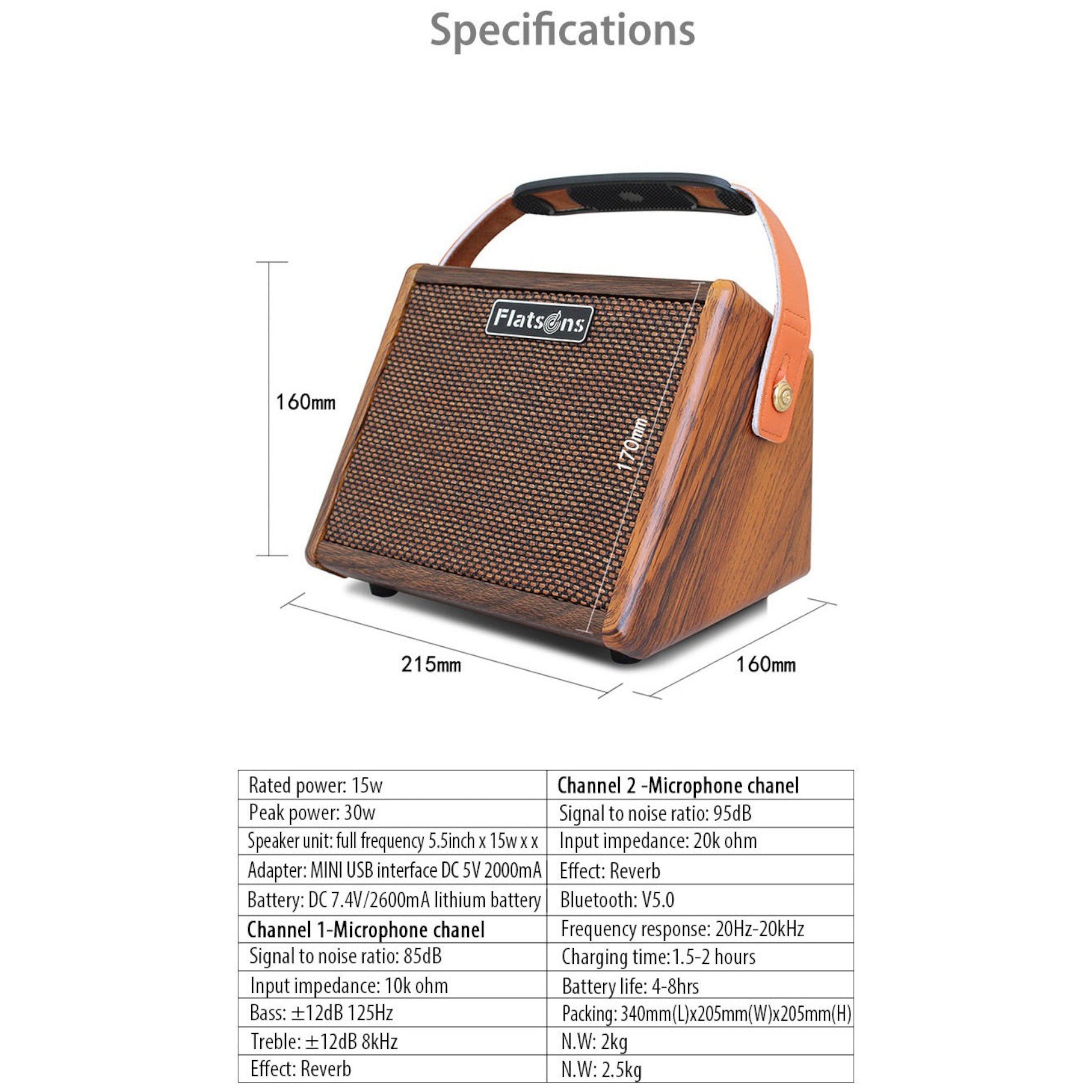 (PREDORDER: MID OCT 2026) Flatsons CRUSH15 15W Portable Rechargable Acoustic Guitar Amplifier with Bluetooth & Microphone Input