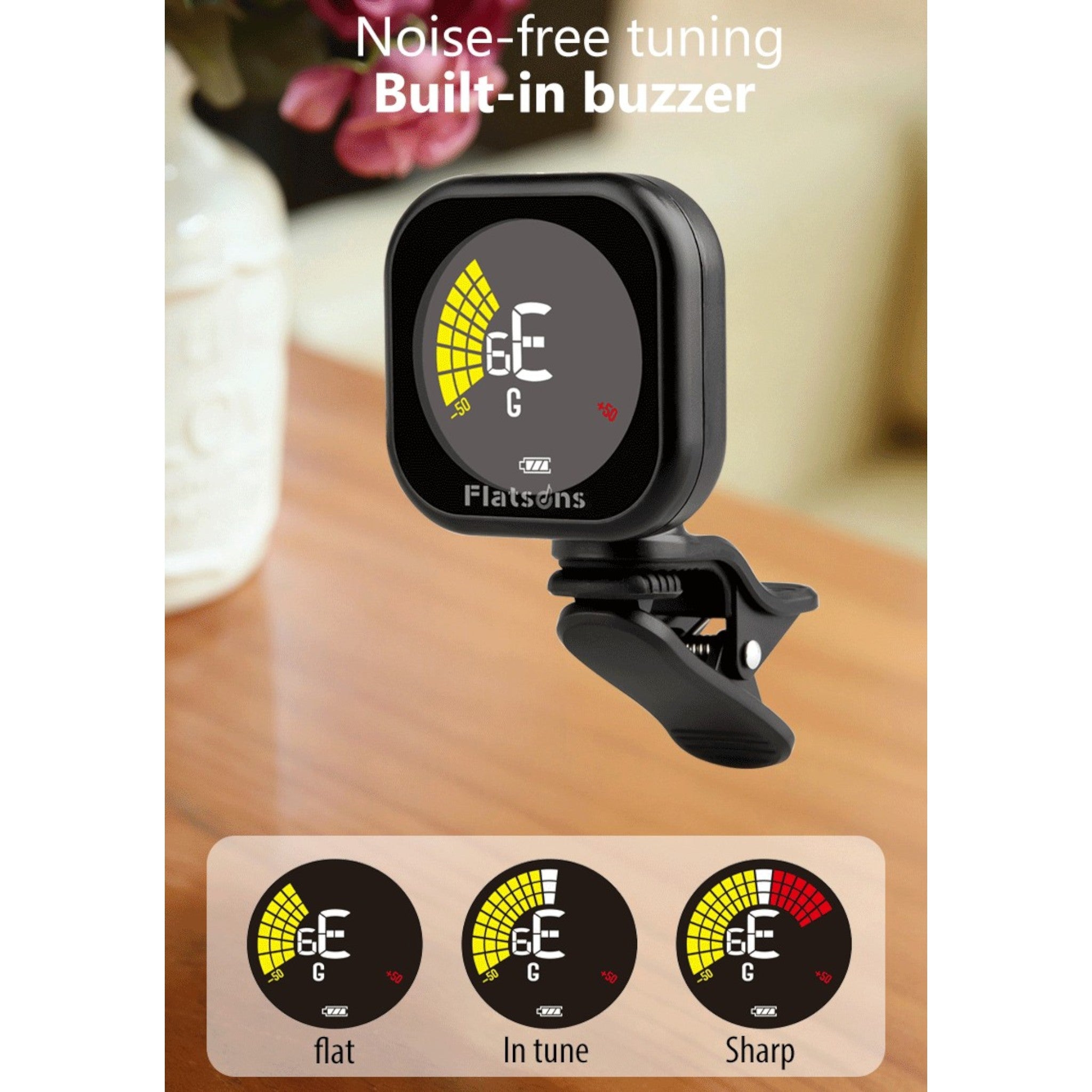 (PREDORDER: MID OCT 2026) Flatsons FT3 Rechargeable Chromatic Clip-On Tuner with Colour Display - Guitar, Bass, Ukulele & Violin