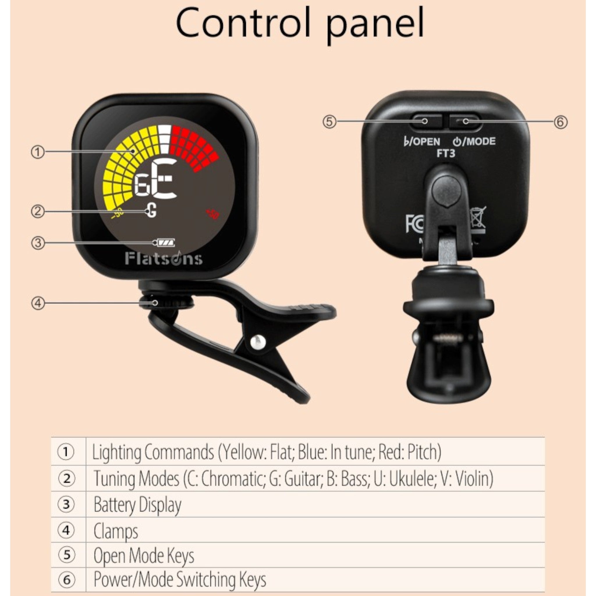 (PREDORDER: MID OCT 2026) Flatsons FT3 Rechargeable Chromatic Clip-On Tuner with Colour Display - Guitar, Bass, Ukulele & Violin