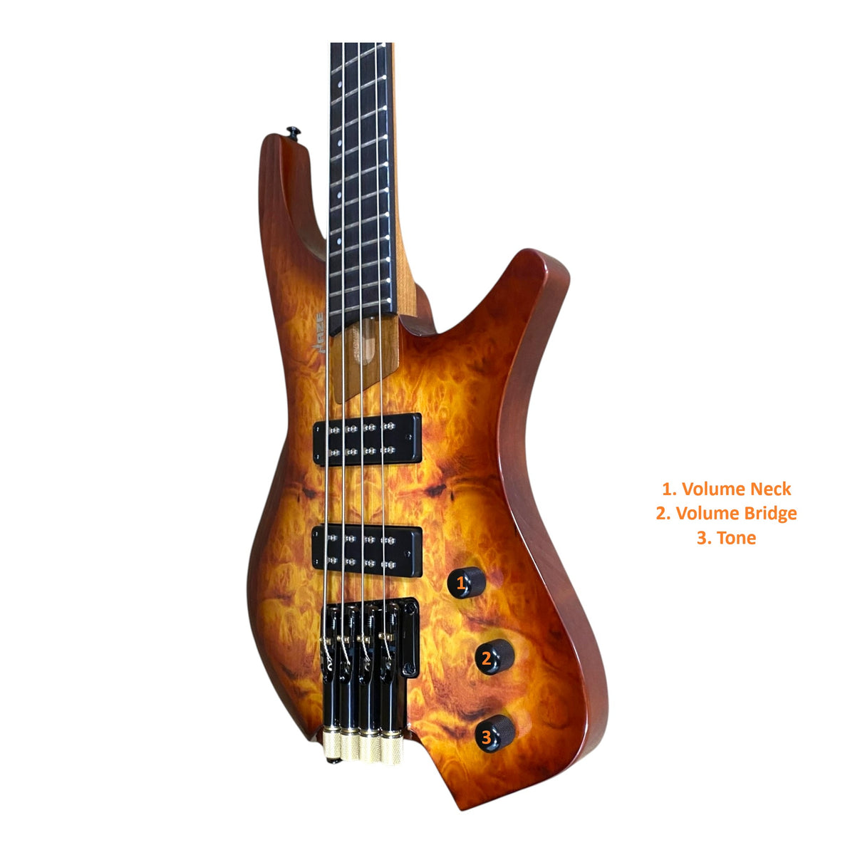 Haze "Timberline" B4H Headless Electric Bass – Roasted Maple Neck, Natural Brown Veneer, & Passive BJ-80 Pickups