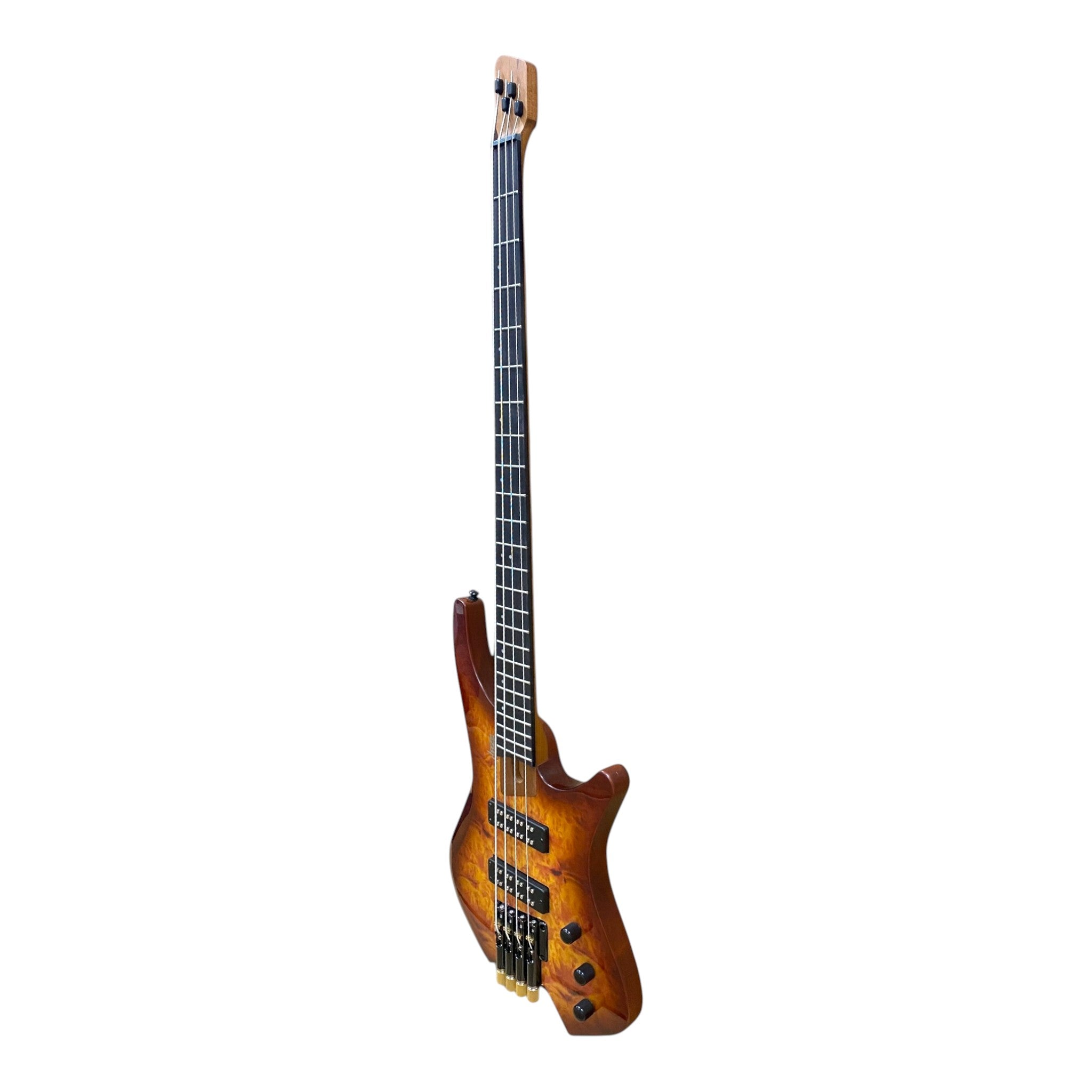 Haze B4H Timberline Series Headless Electric Bass – Roasted Maple Neck, Natural Brown Veneer, & Passive BJ-80 Pickups