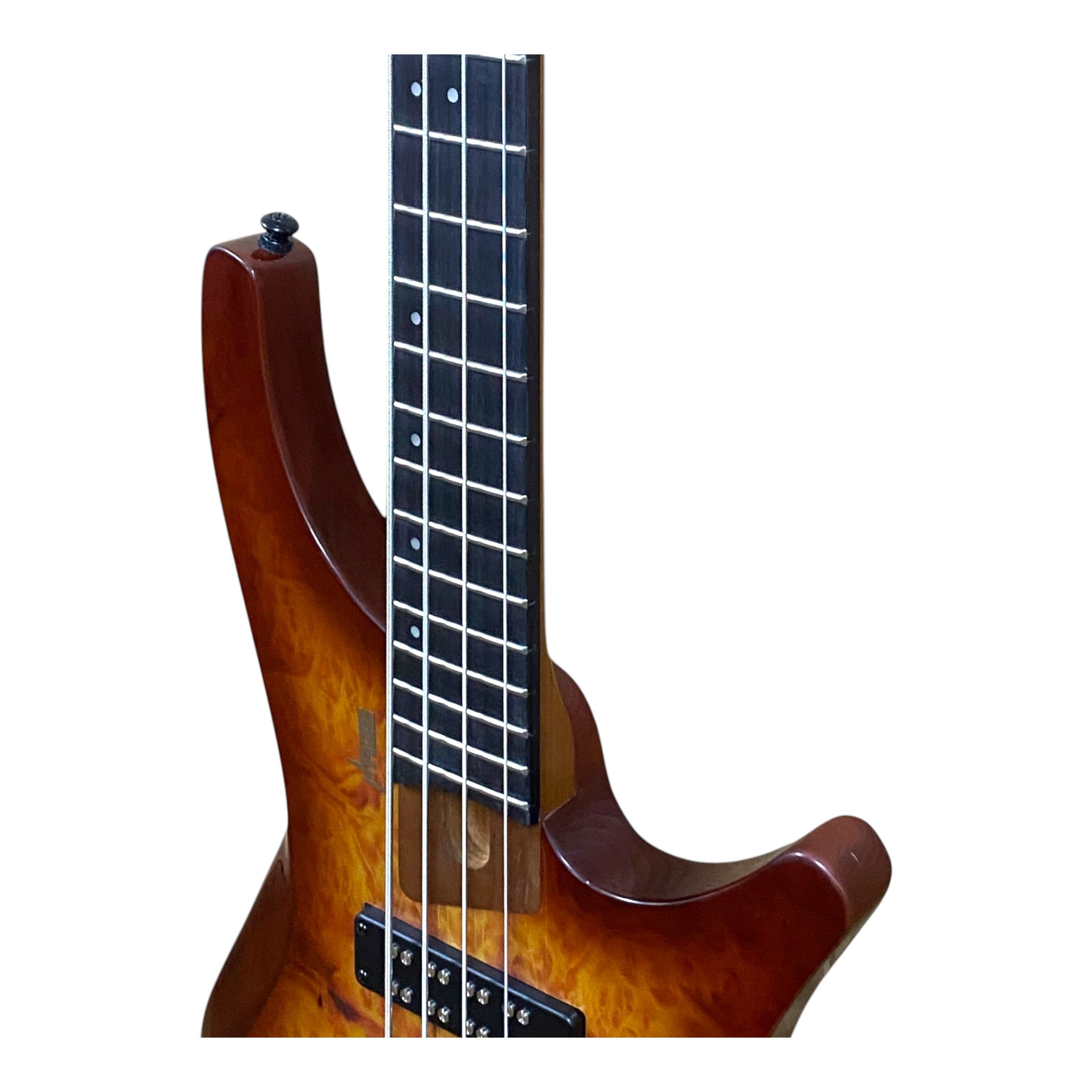 Haze B4H Timberline Series Headless Electric Bass – Roasted Maple Neck, Natural Brown Veneer, & Passive BJ-80 Pickups