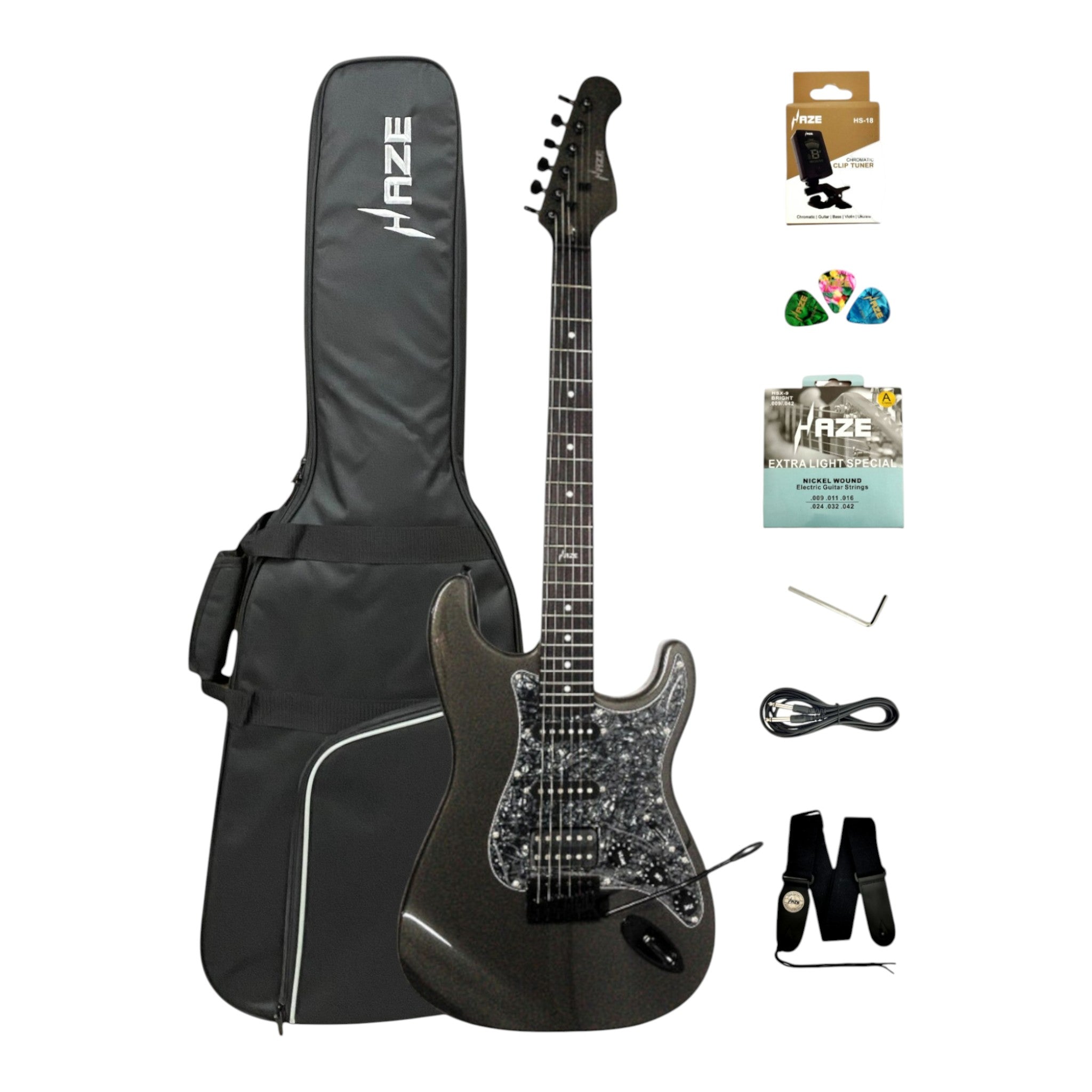 Haze E211 Gunmetal Grey HST Electric Guitar with Accessories + 10W Amp. (Optional)