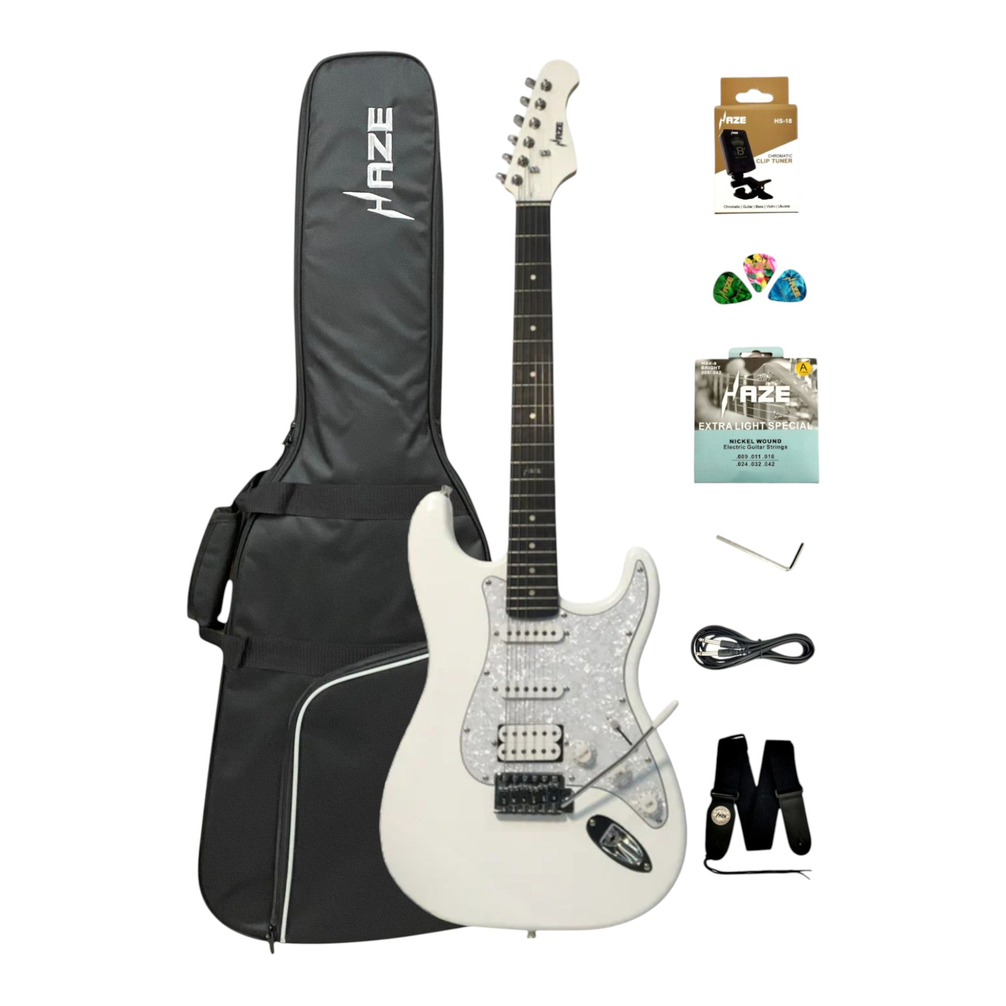 Haze E211 Arctic White HST Electric Guitar with Accessories + 10W Amp. (Optional)