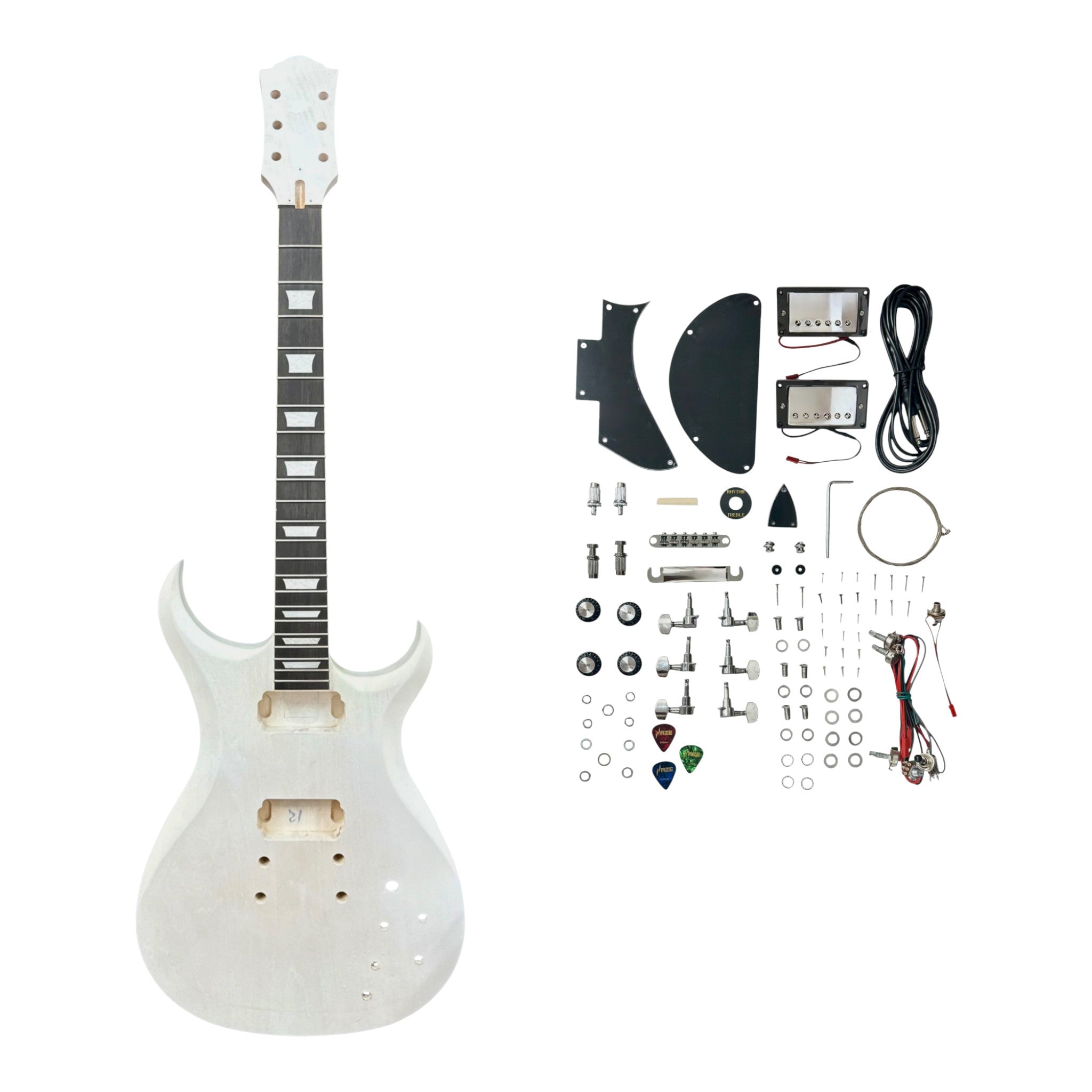 E575DIY White-Primed Poplar Body Set-Neck HGS H-H Electric Guitar DIY Kit - Complete No-Soldering w/ 3-Ply Ebony Trims & Chrome Hardware