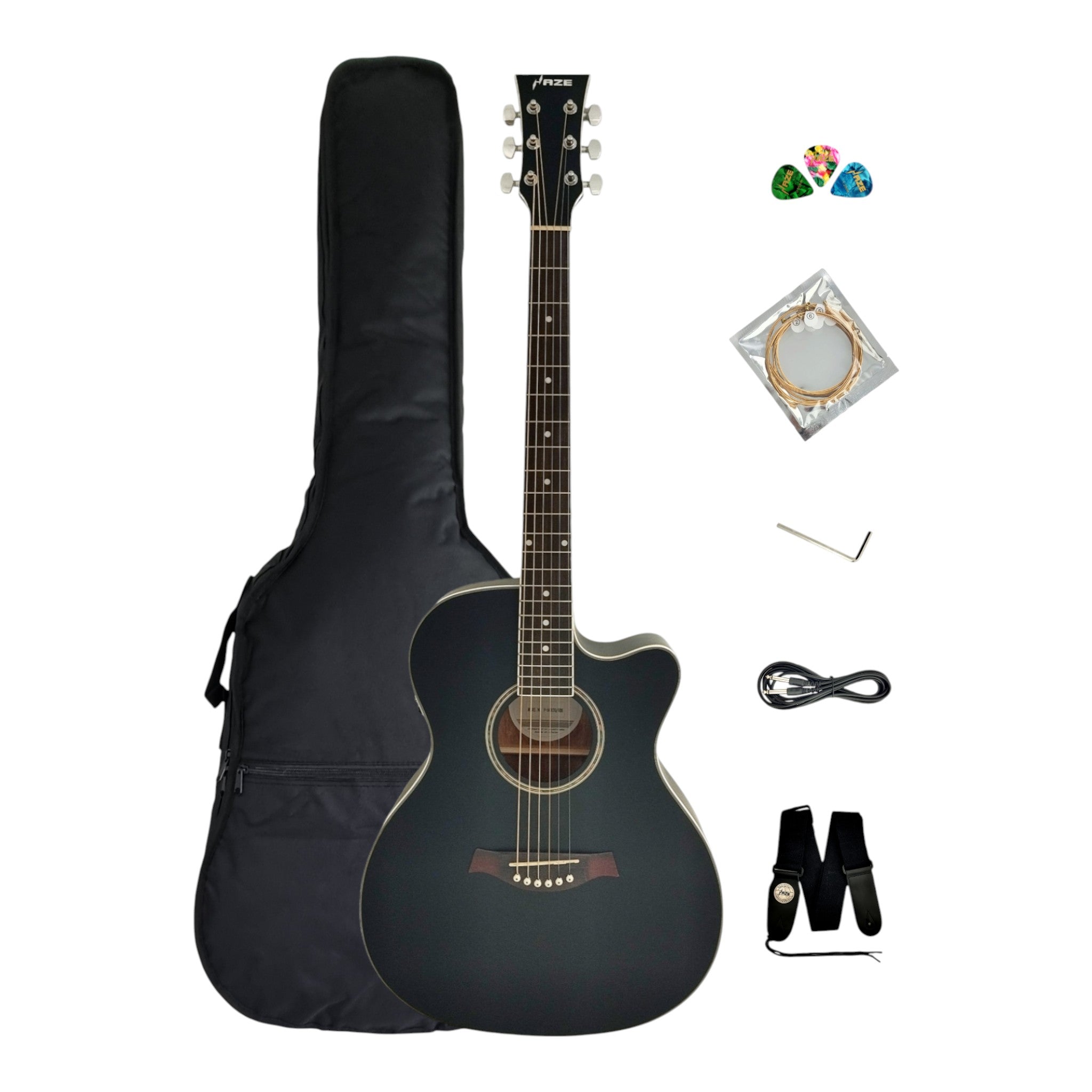 Haze F560CEQMBK Spruce Top Built-In Pickup/Tuner OM Cutaway Acoustic Guitar - Black with Accessories and 10W Amp. (Optional)